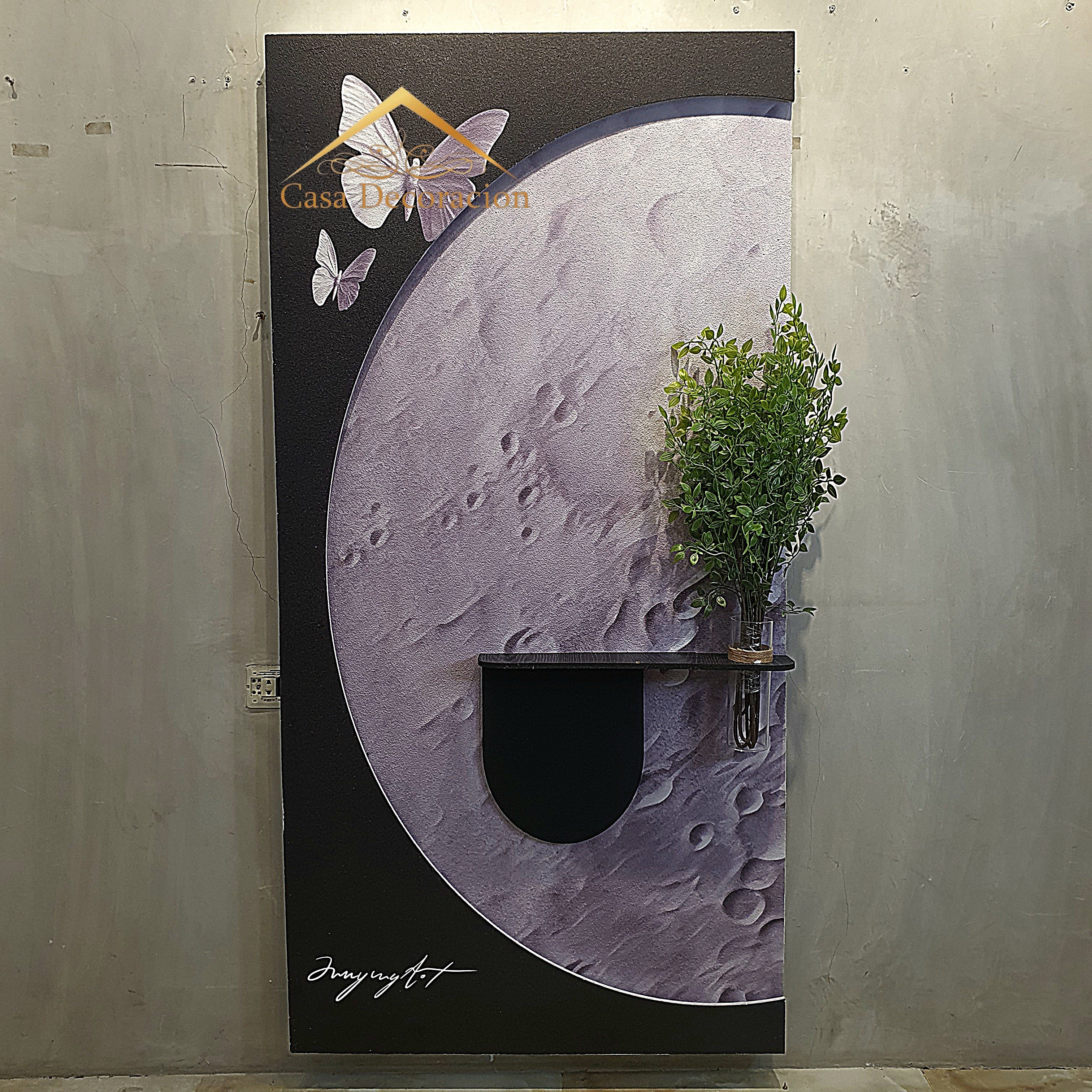 Moon-Themed Wall Art with Butterfly and Black Floating Vase