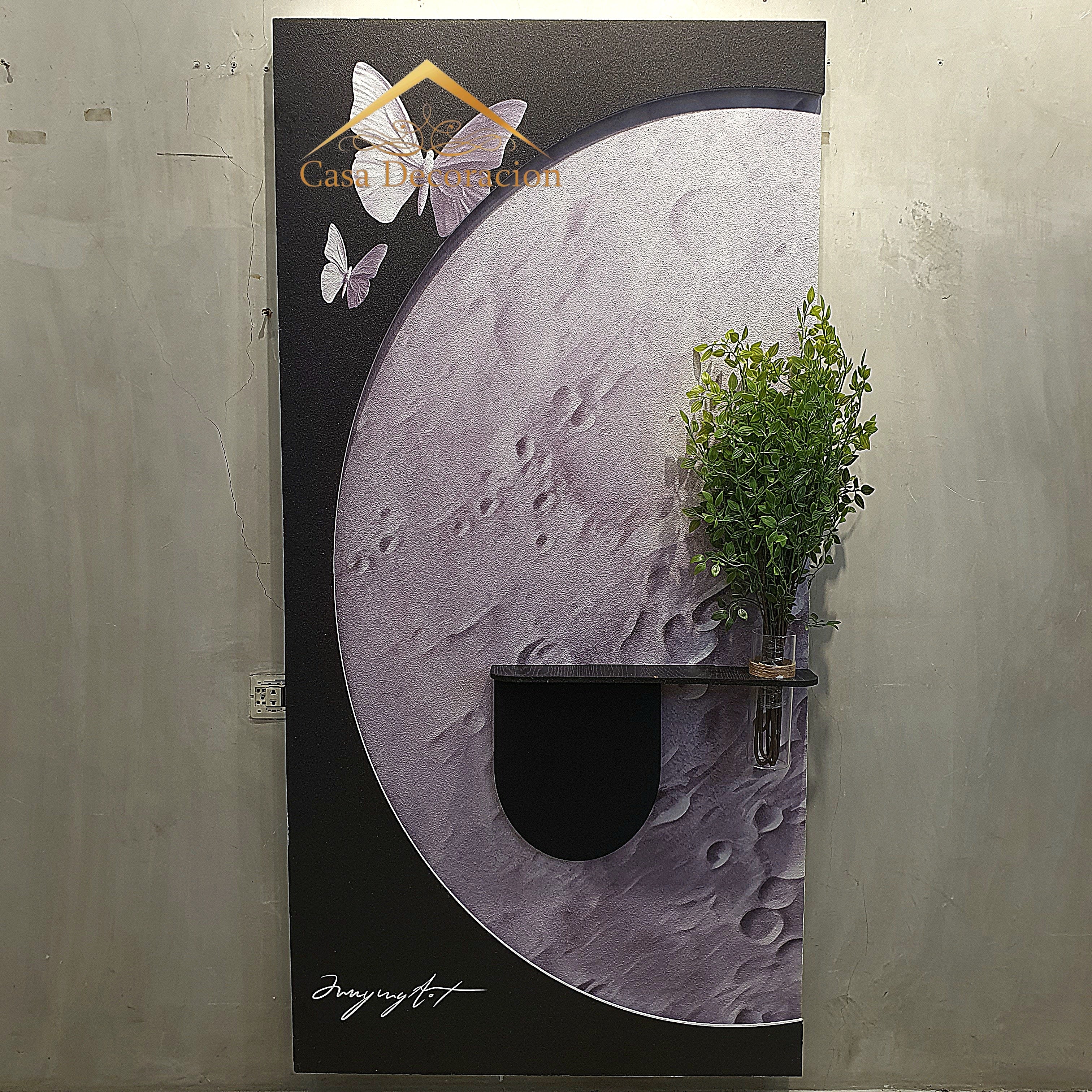 Moon-Themed Wall Art with Butterfly and Black Floating Vase