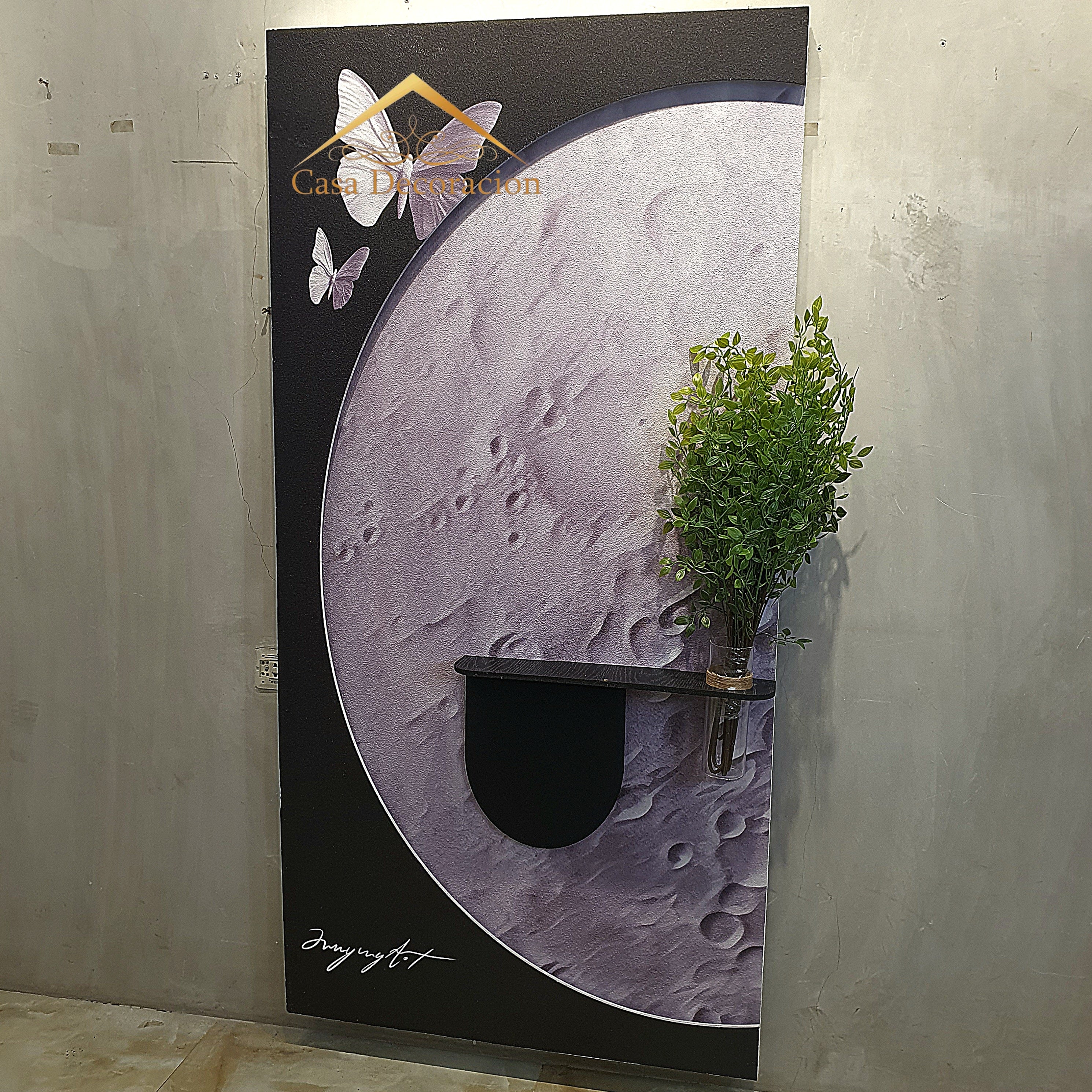 Moon-Themed Wall Art with Butterfly and Black Floating Vase