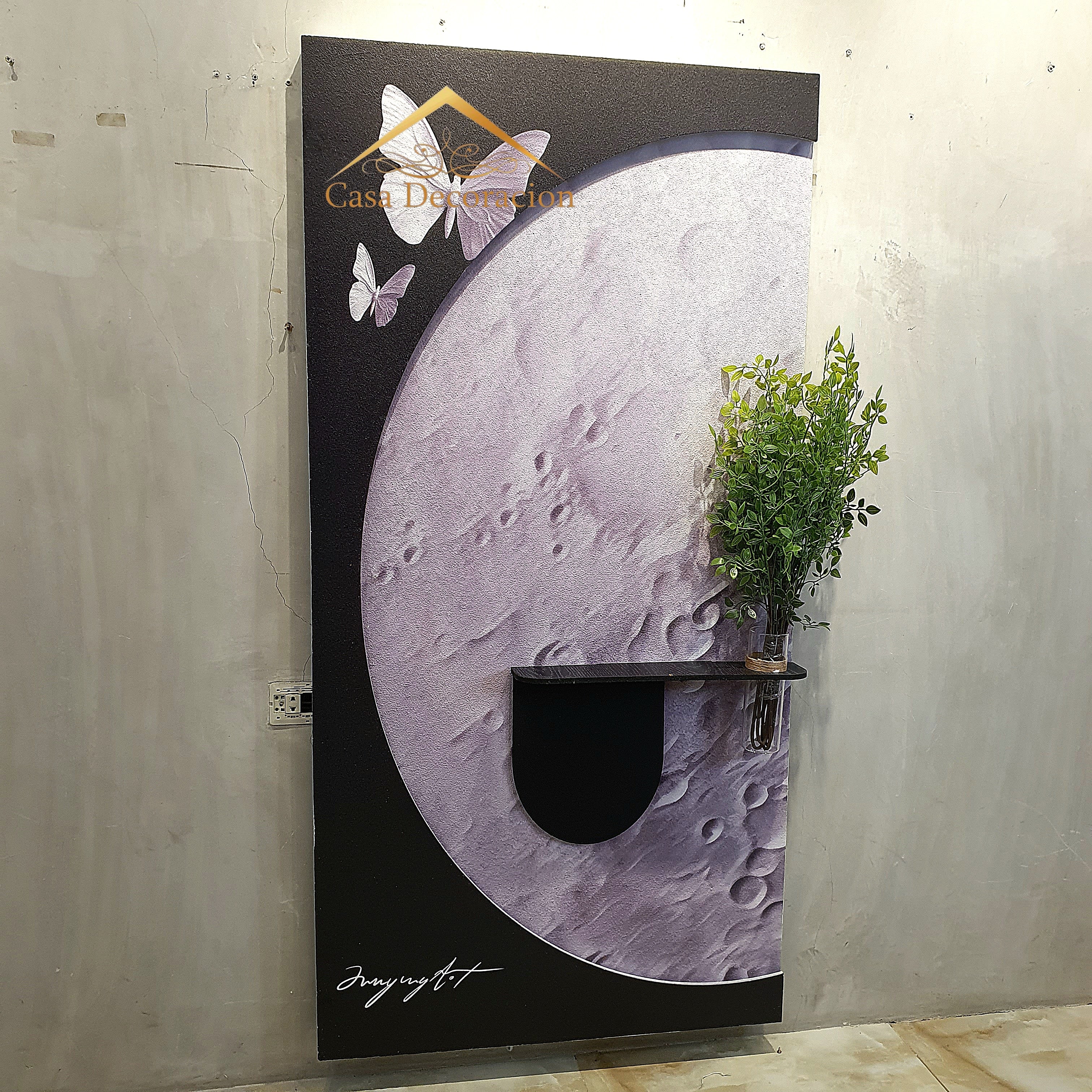 Moon-Themed Wall Art with Butterfly and Black Floating Vase