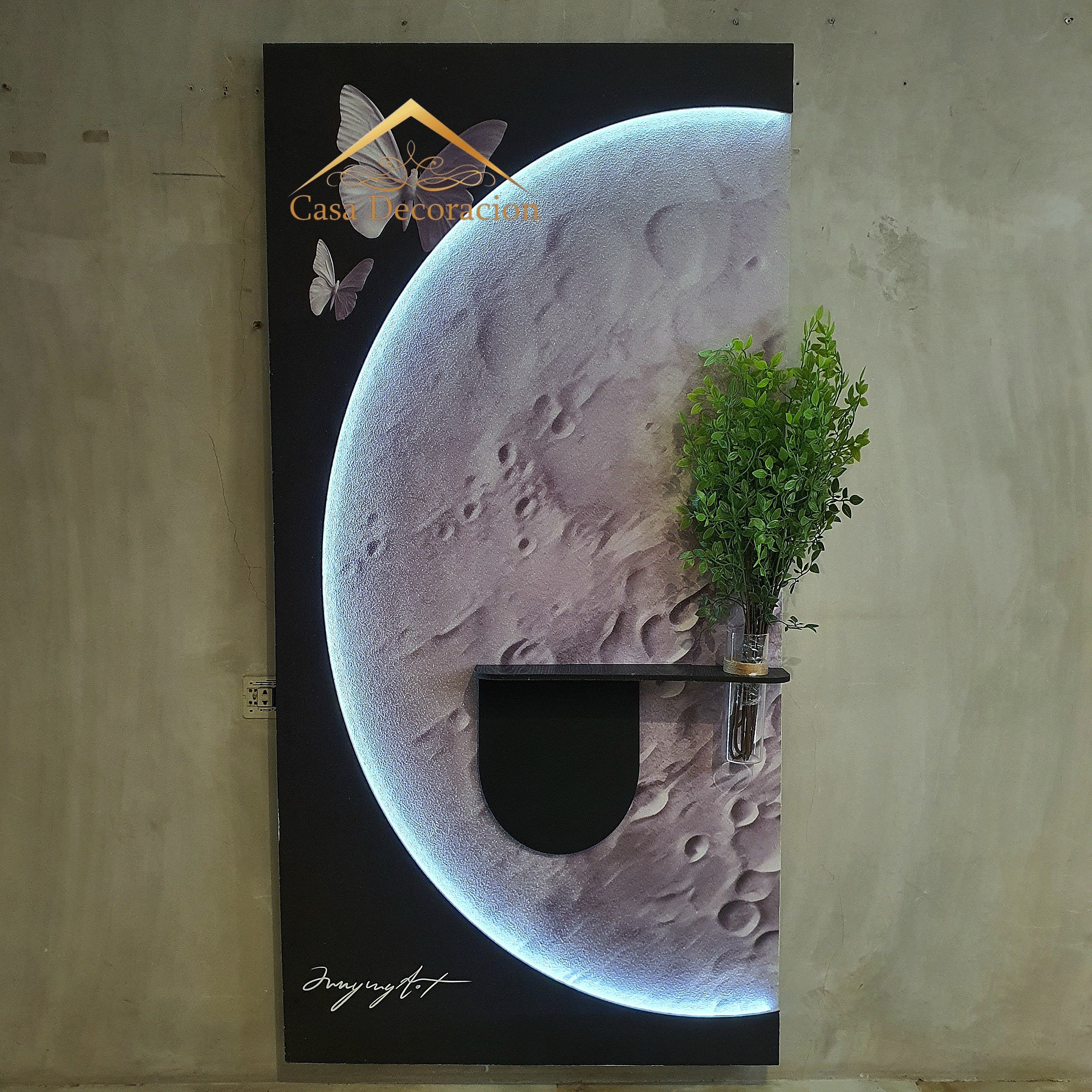 Moon-Themed Wall Art with Butterfly and Black Floating Vase