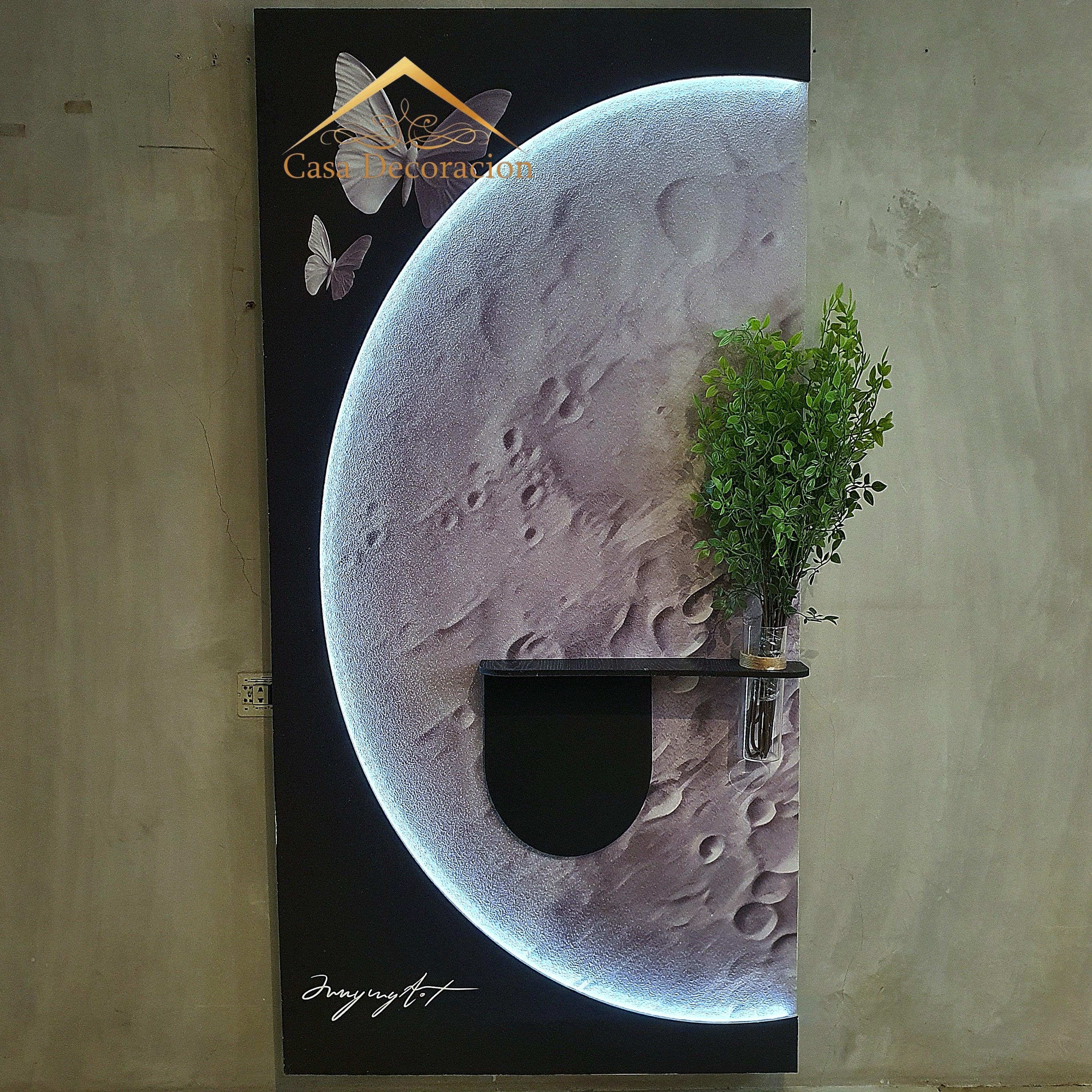 Moon-Themed Wall Art with Butterfly and Black Floating Vase