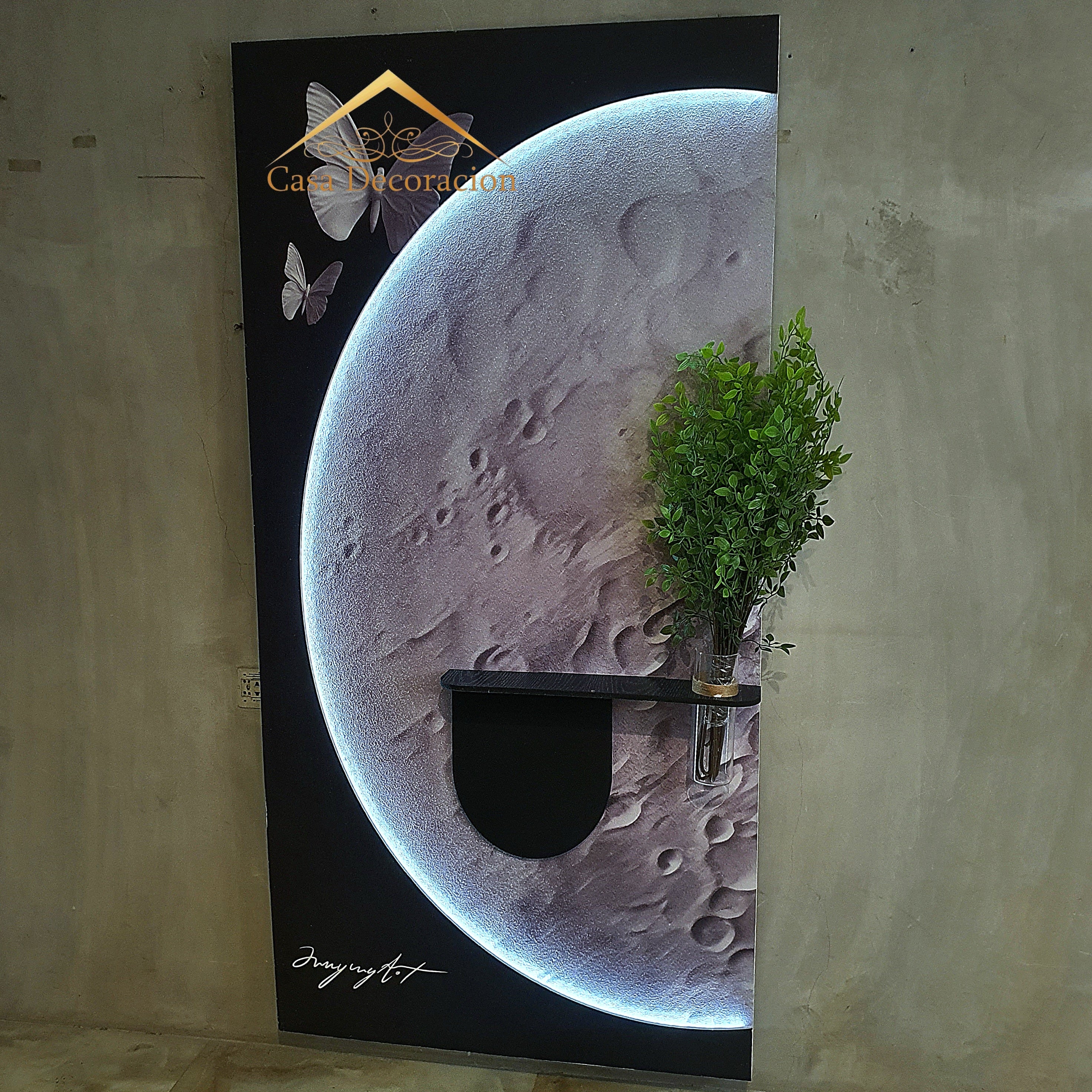 Moon-Themed Wall Art with Butterfly and Black Floating Vase
