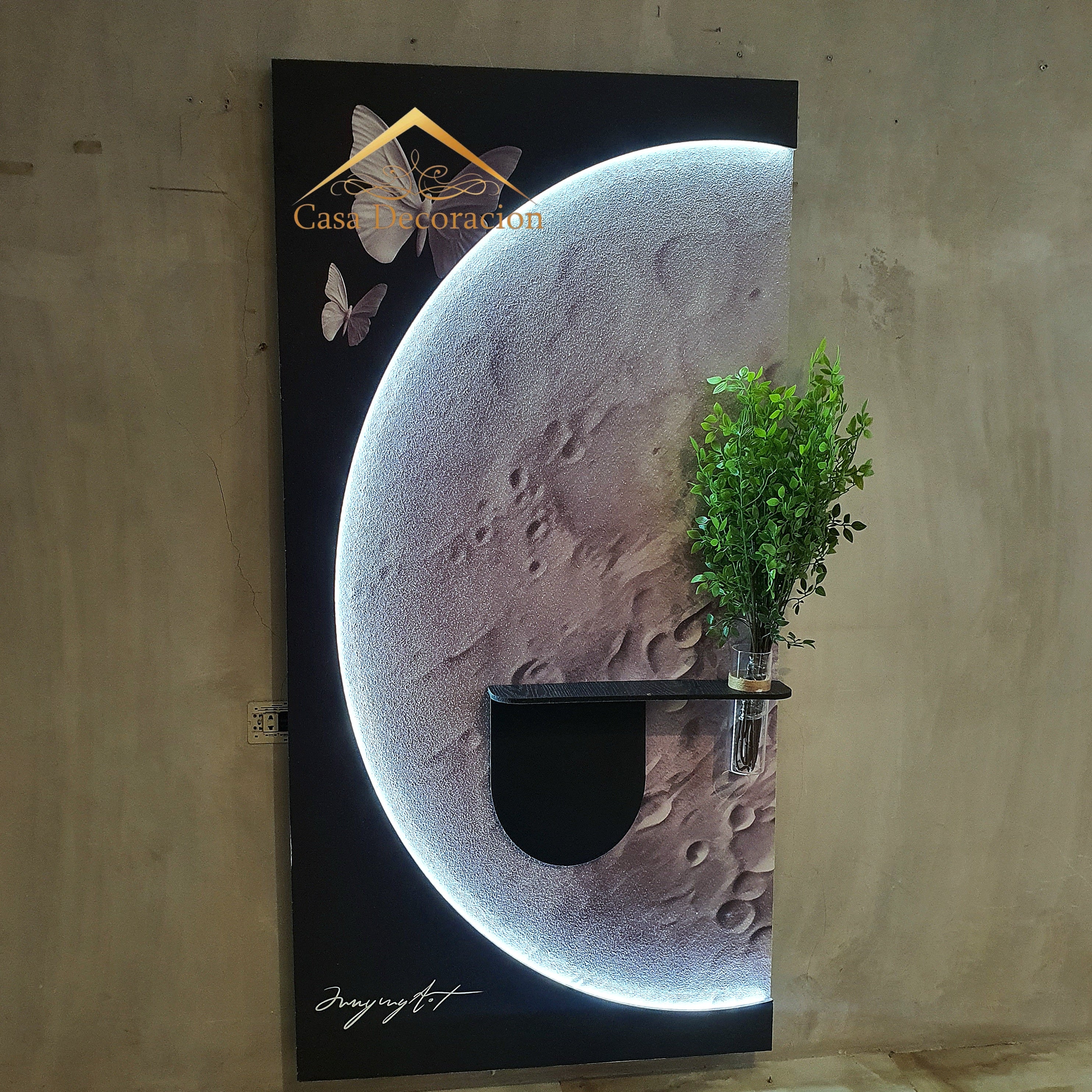 Moon-Themed Wall Art with Butterfly and Black Floating Vase