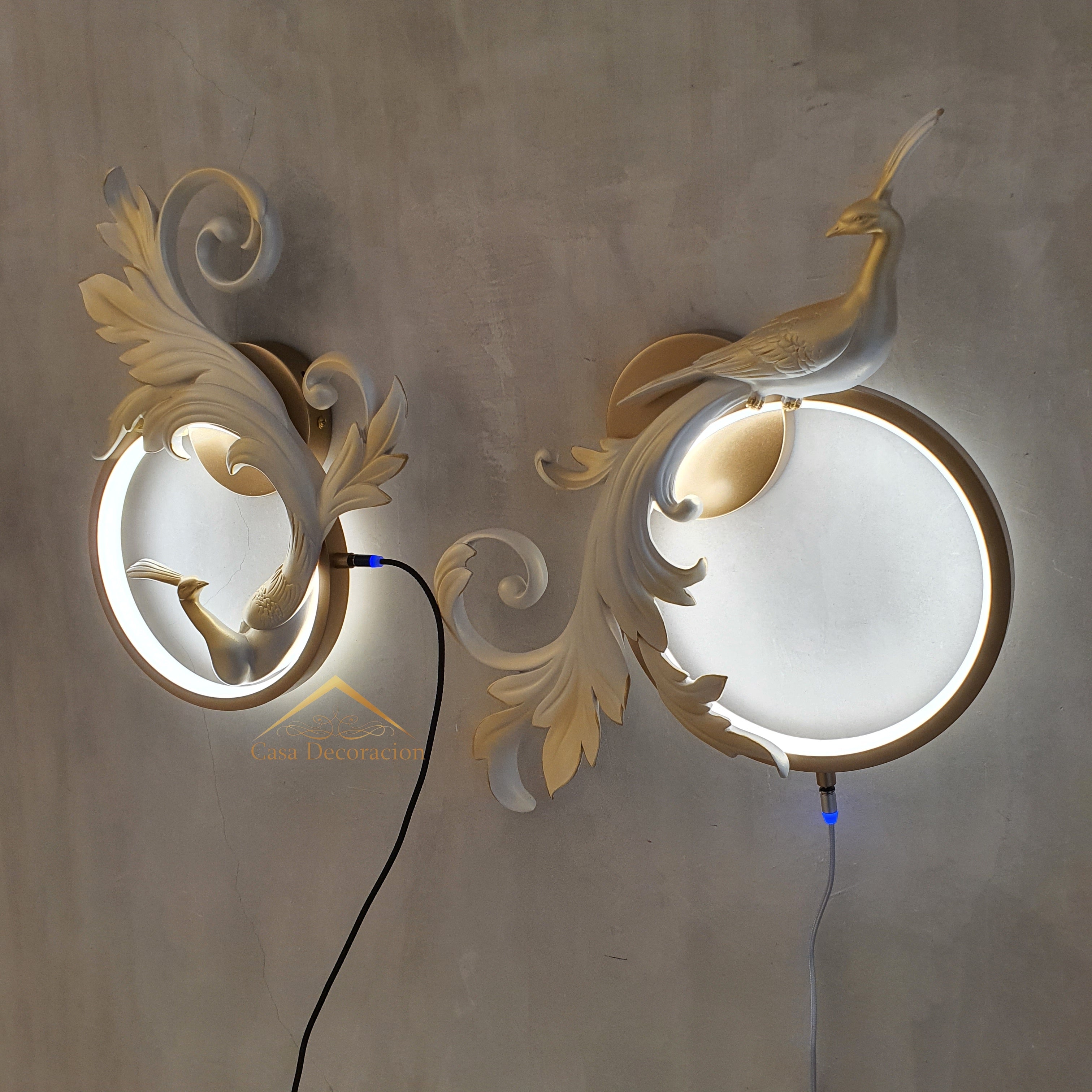 Resin White Peacock w/ LED Light - Set of 2