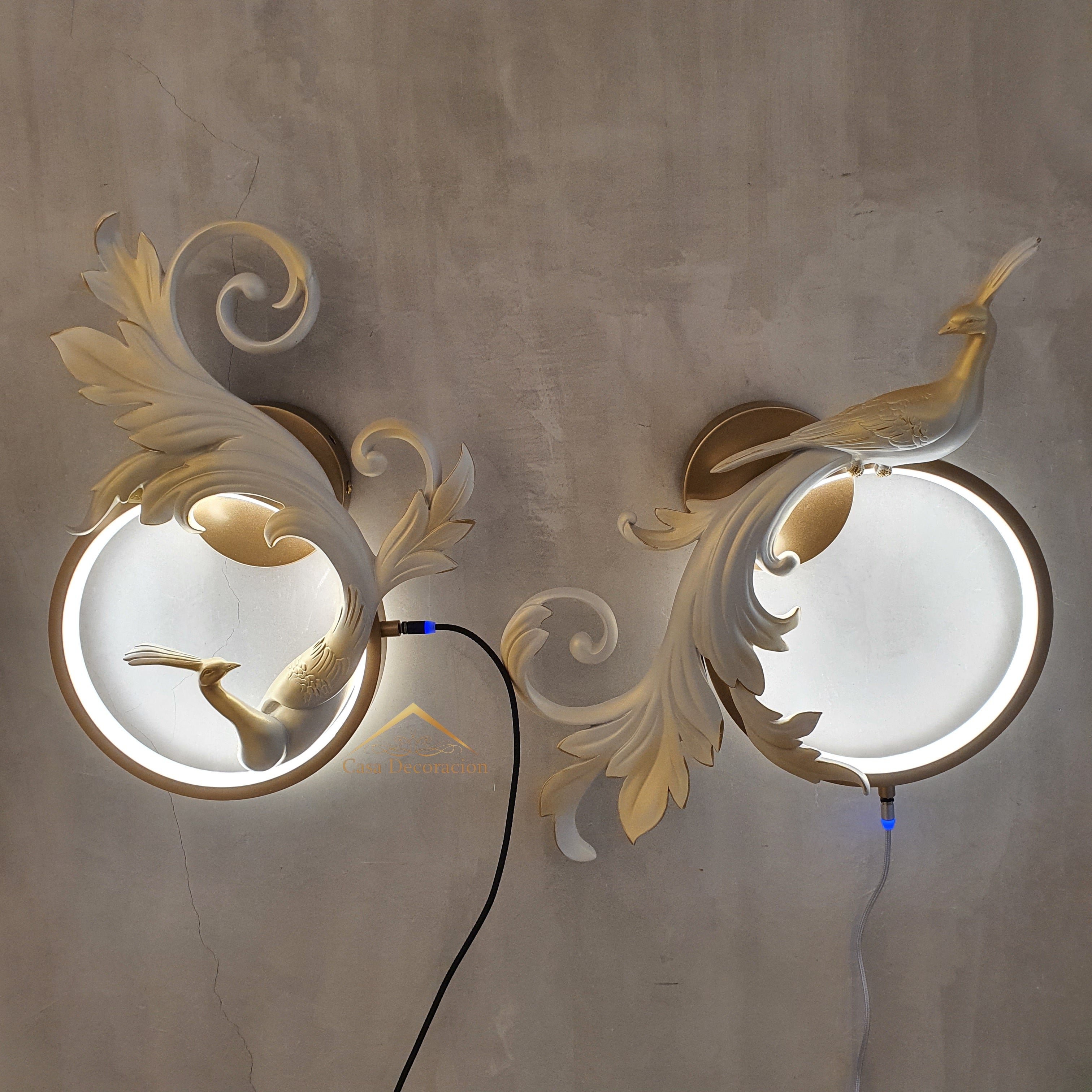 Resin White Peacock w/ LED Light - Set of 2