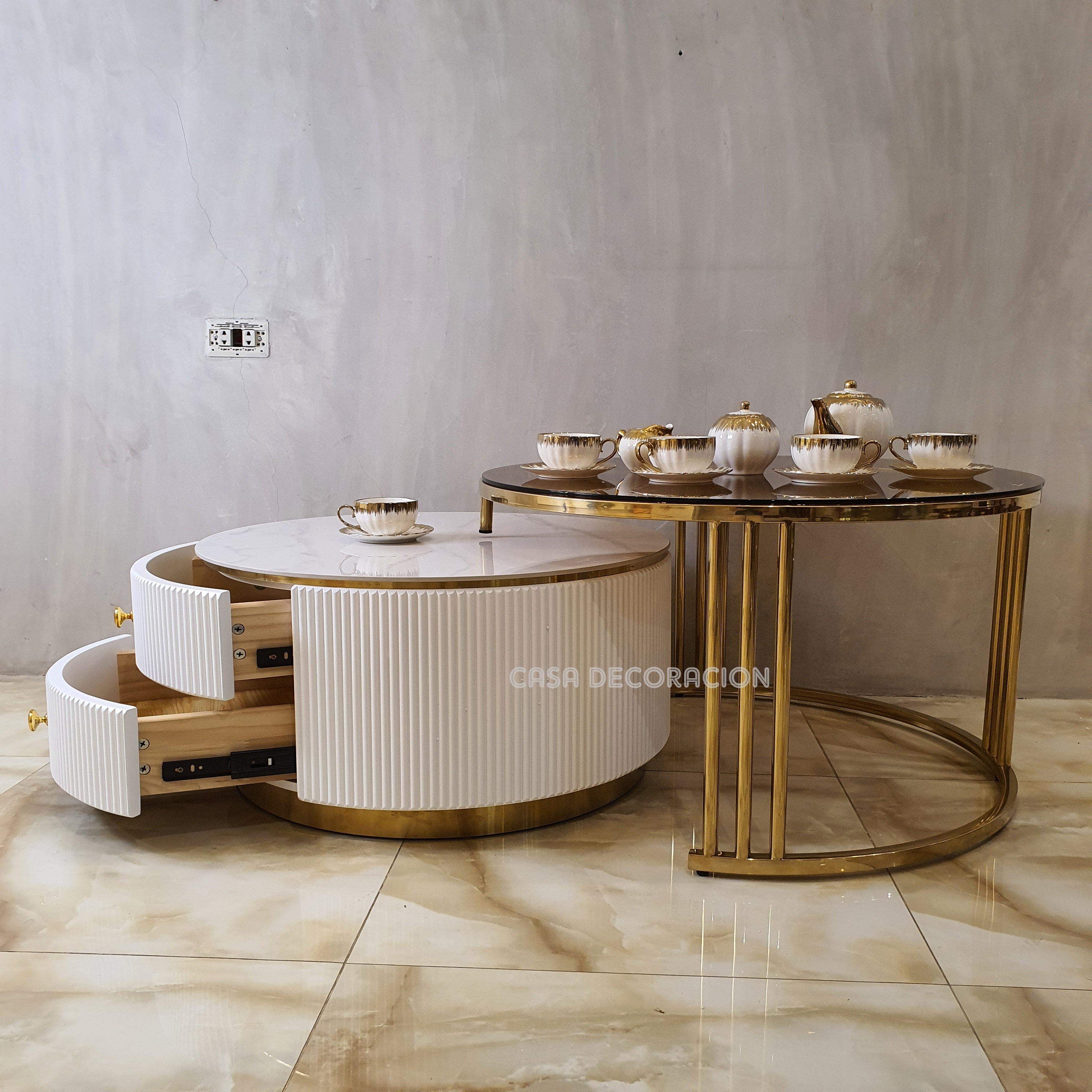 White Stone Center Table with 2 Drawers