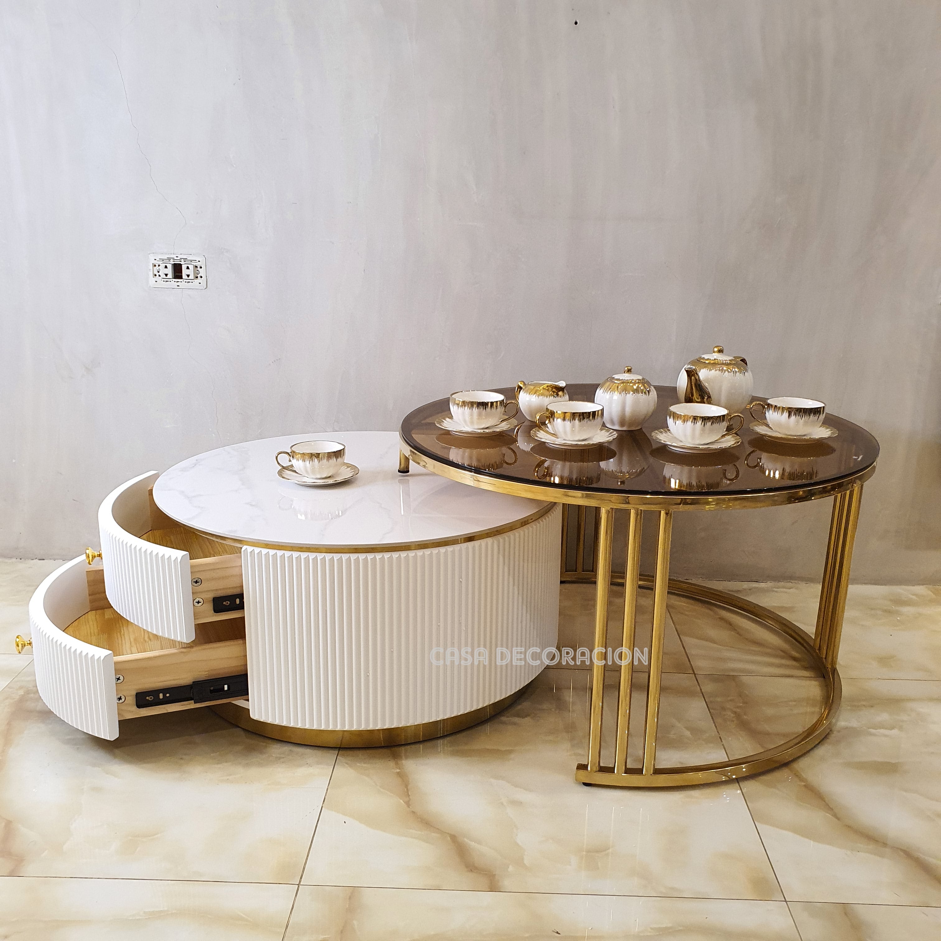 White Stone Center Table with 2 Drawers