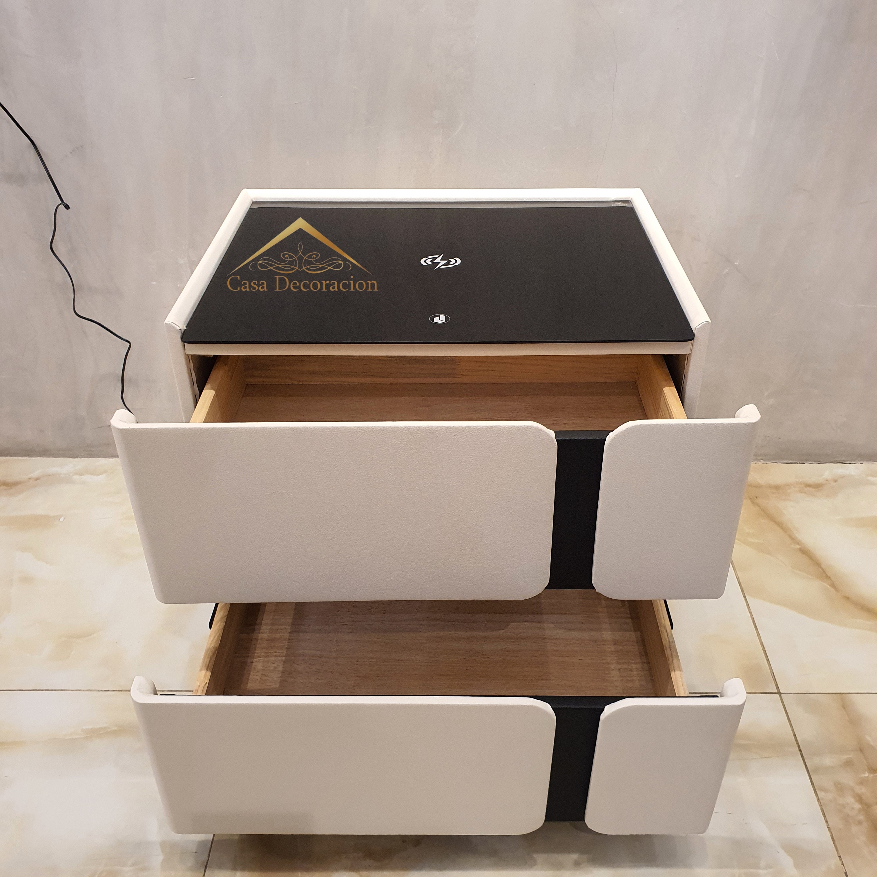 Minimalist Bedside Table – 2 Drawers with Induction Light (White)