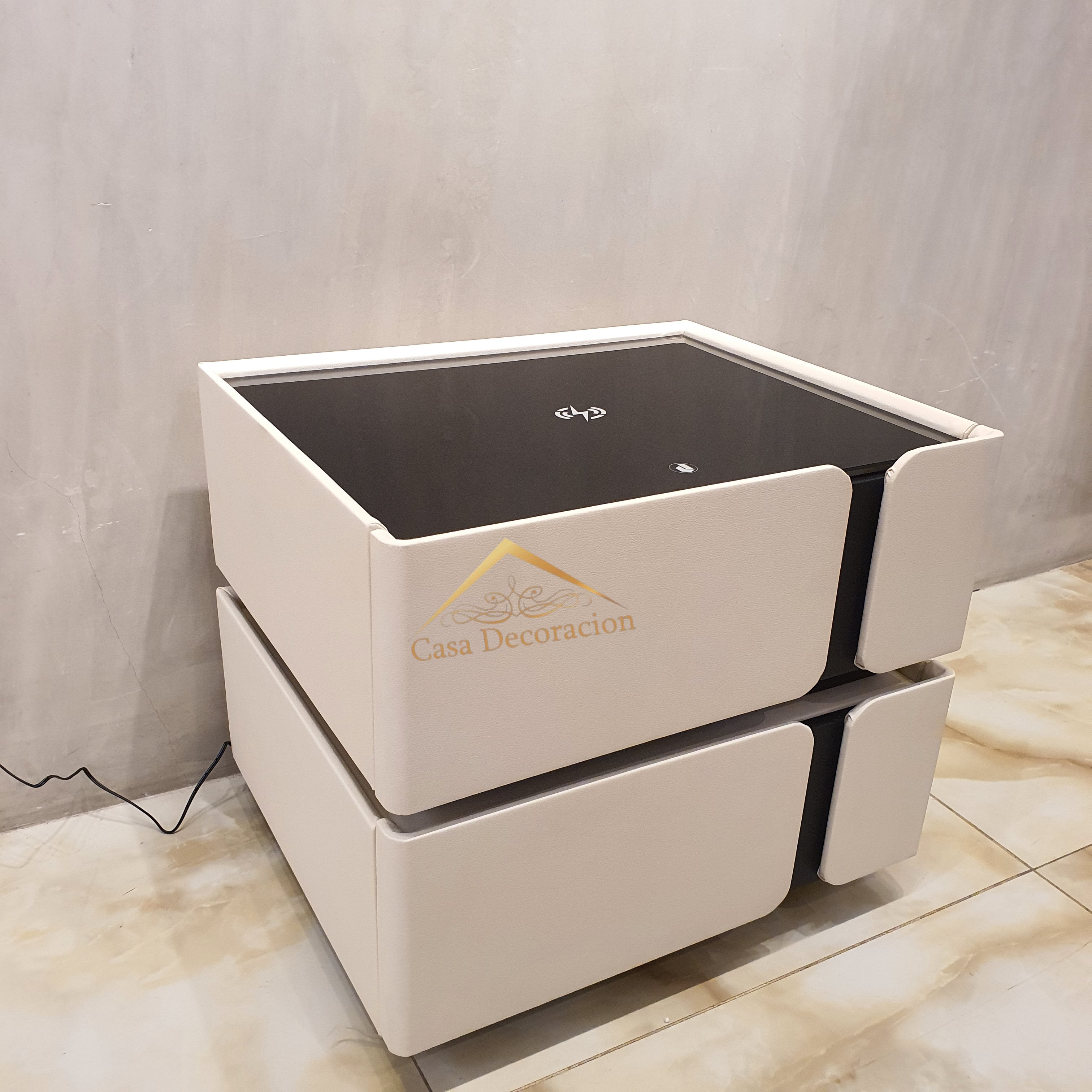 Minimalist Bedside Table – 2 Drawers with Induction Light (White)