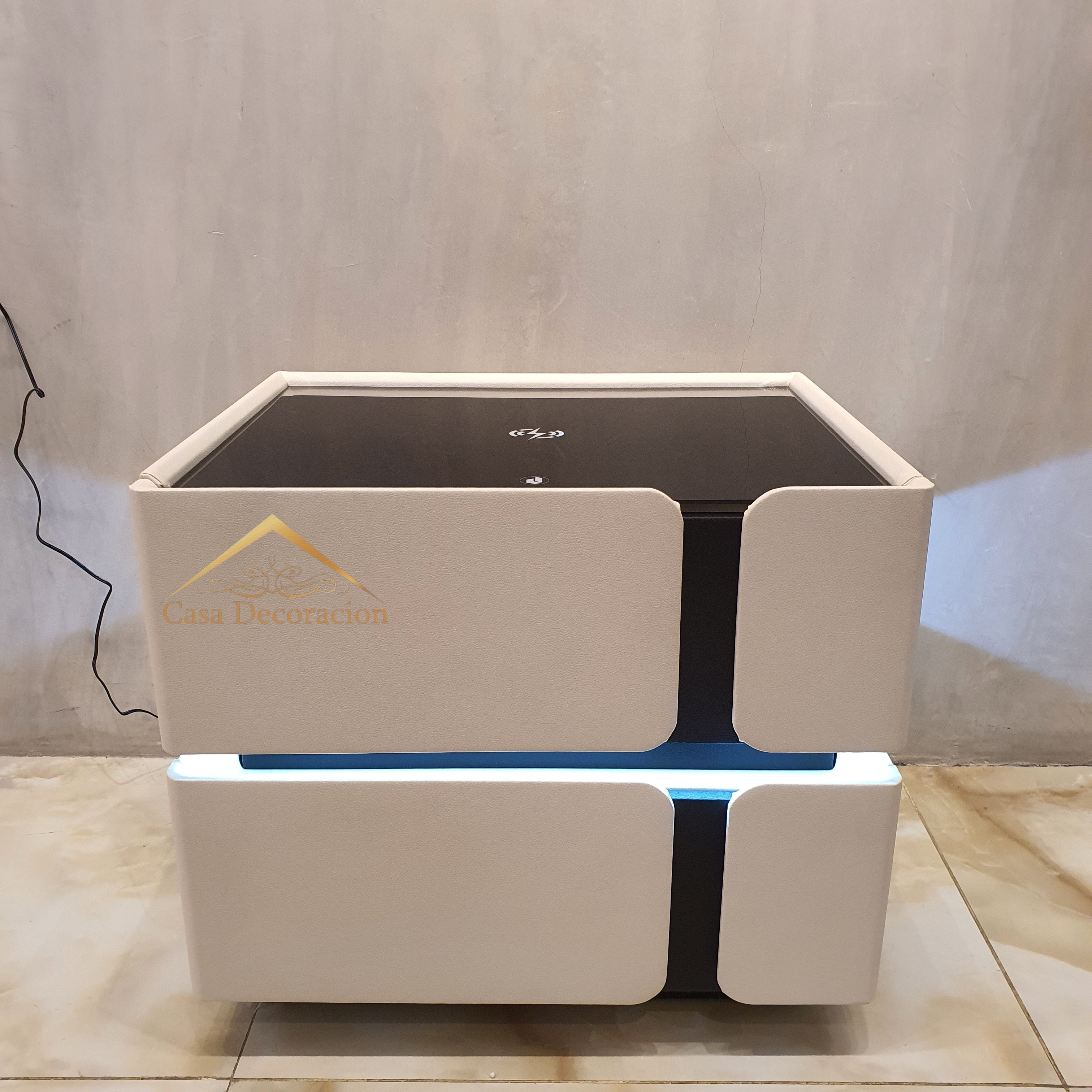 Minimalist Bedside Table – 2 Drawers with Induction Light (White)