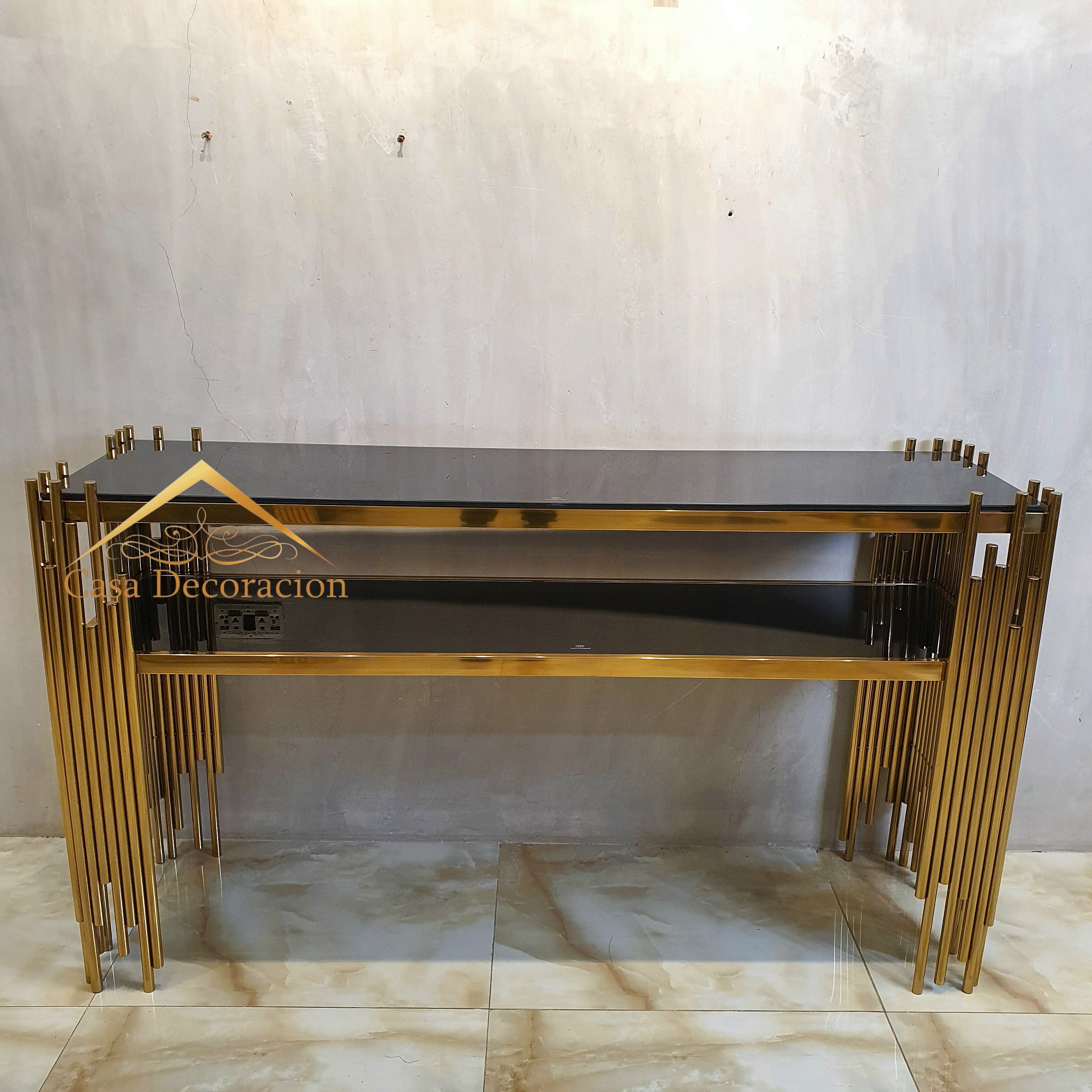 Fluted Gold Console Table Black Glass