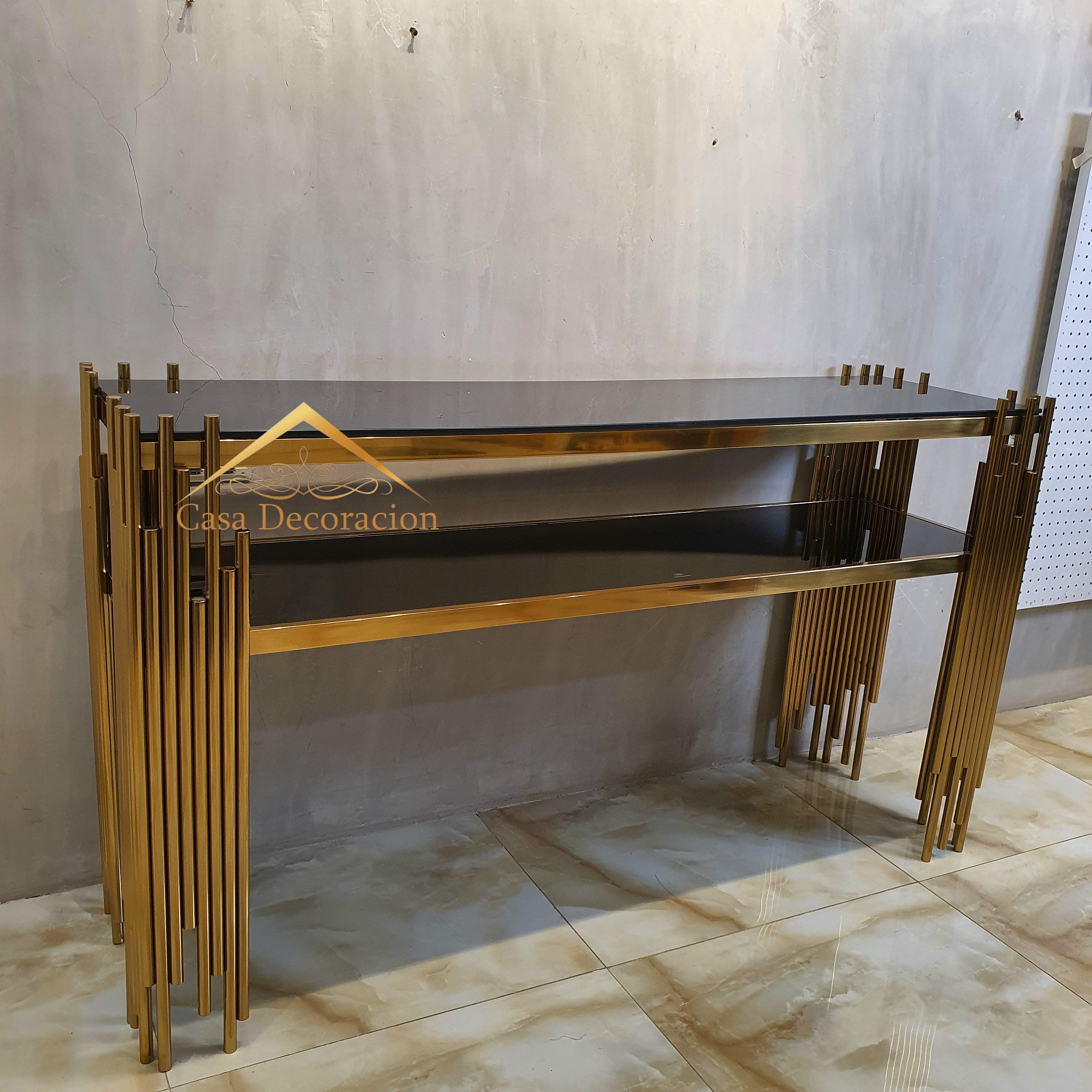 Fluted Gold Console Table Black Glass