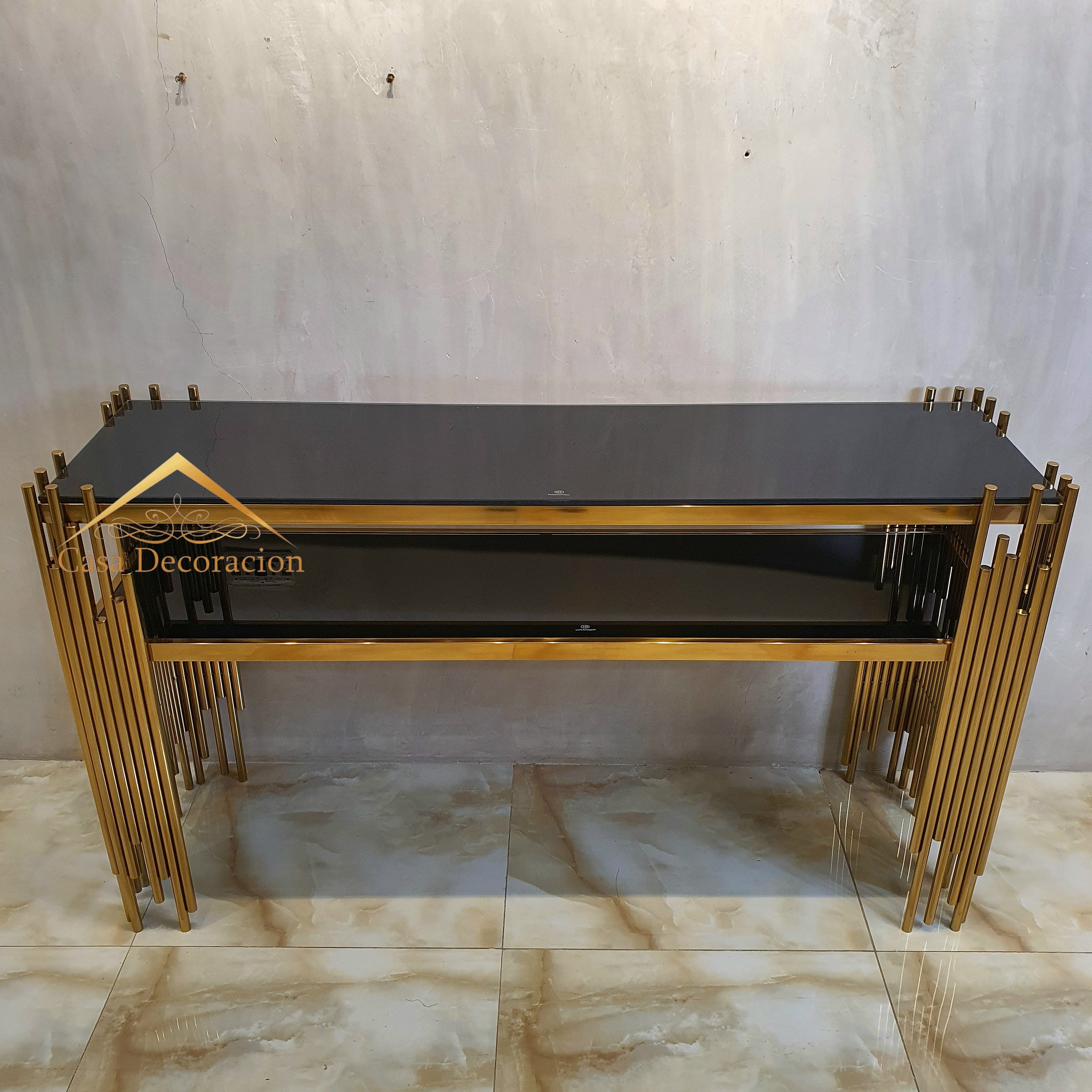 Fluted Gold Console Table Black Glass
