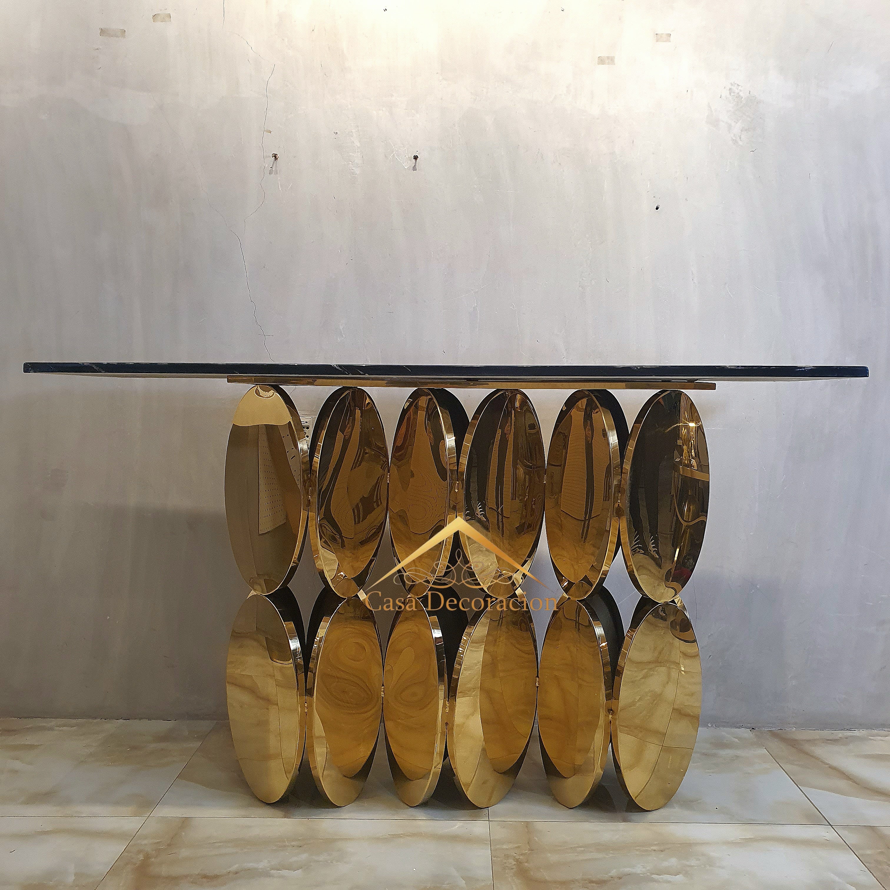 Gold Circular Console Table Black Top