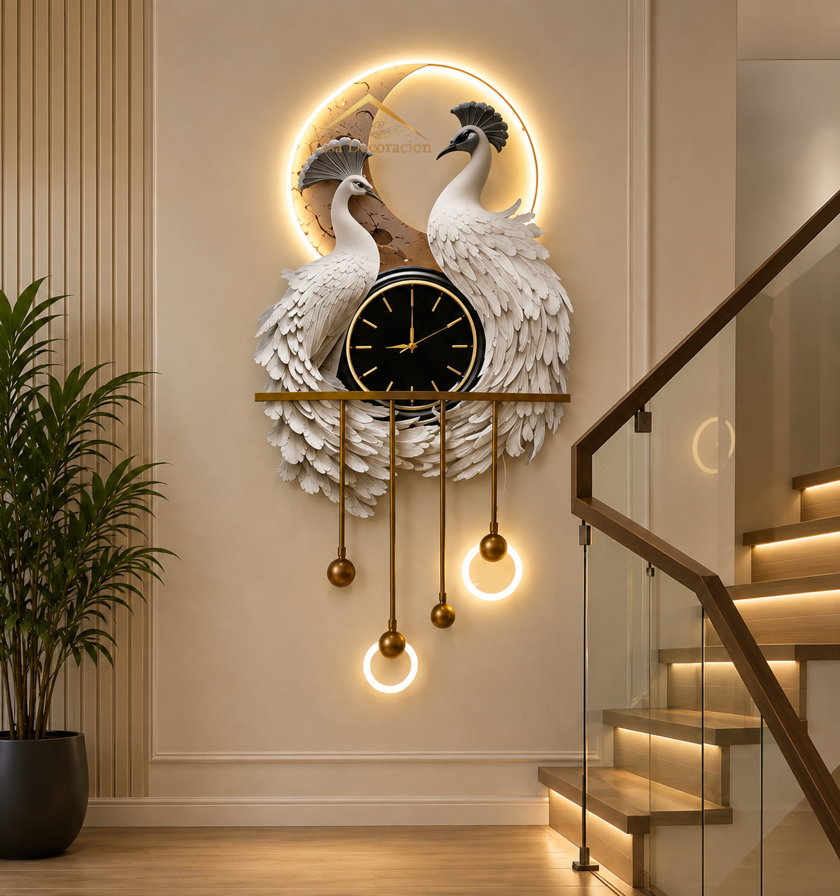 Couple White Peacock with Clock & LED Lights