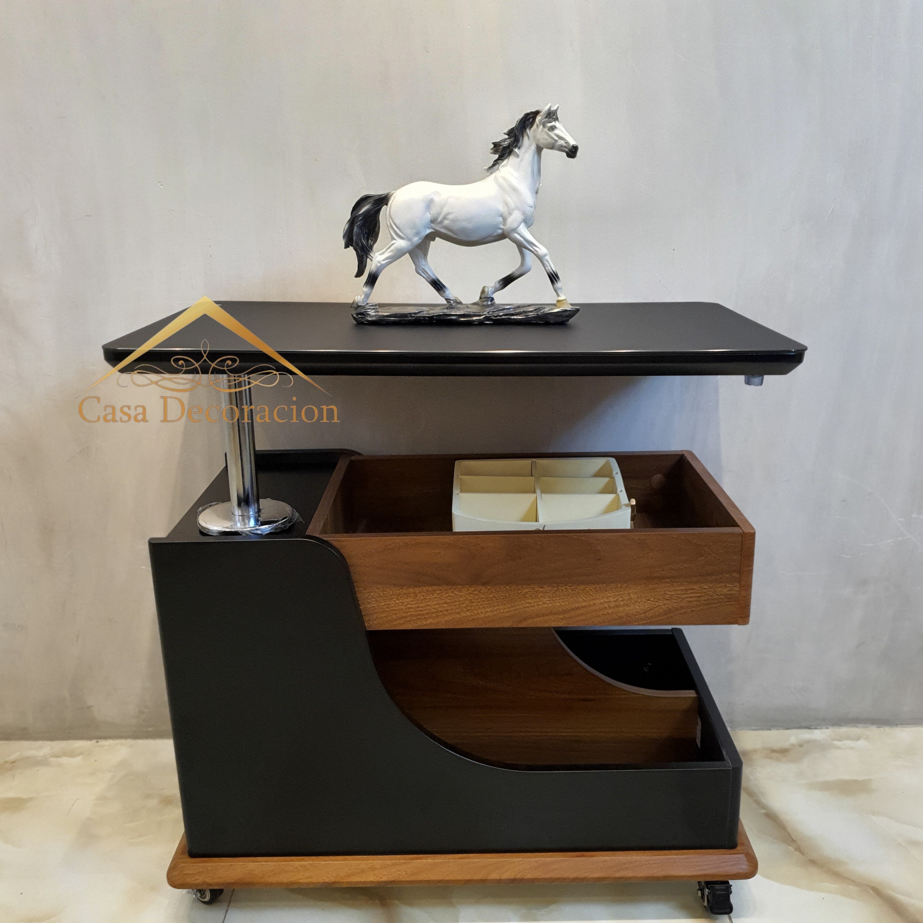 Black Multifunctional Side Table with Storage and Wheels