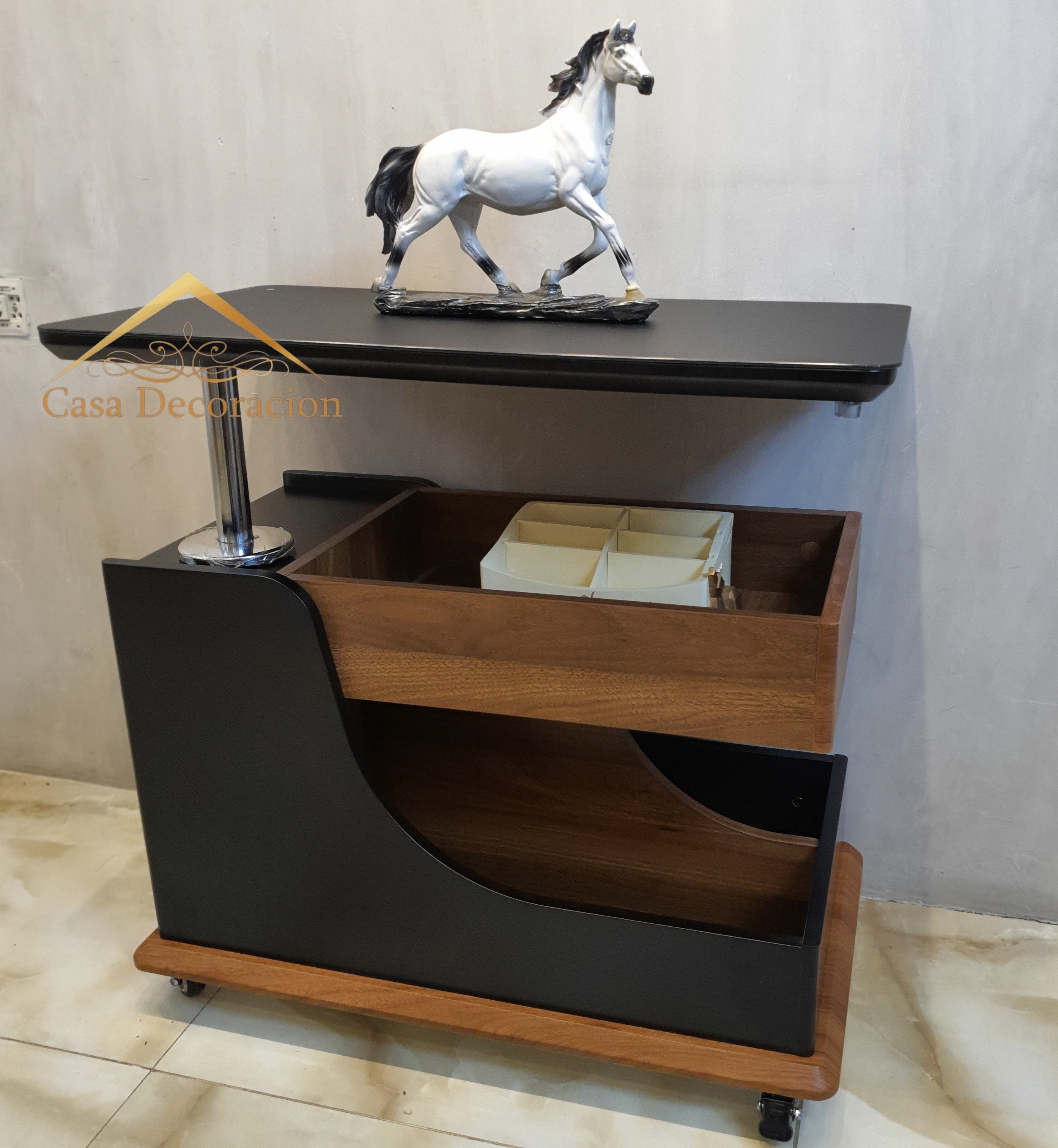 Black Multifunctional Side Table with Storage and Wheels