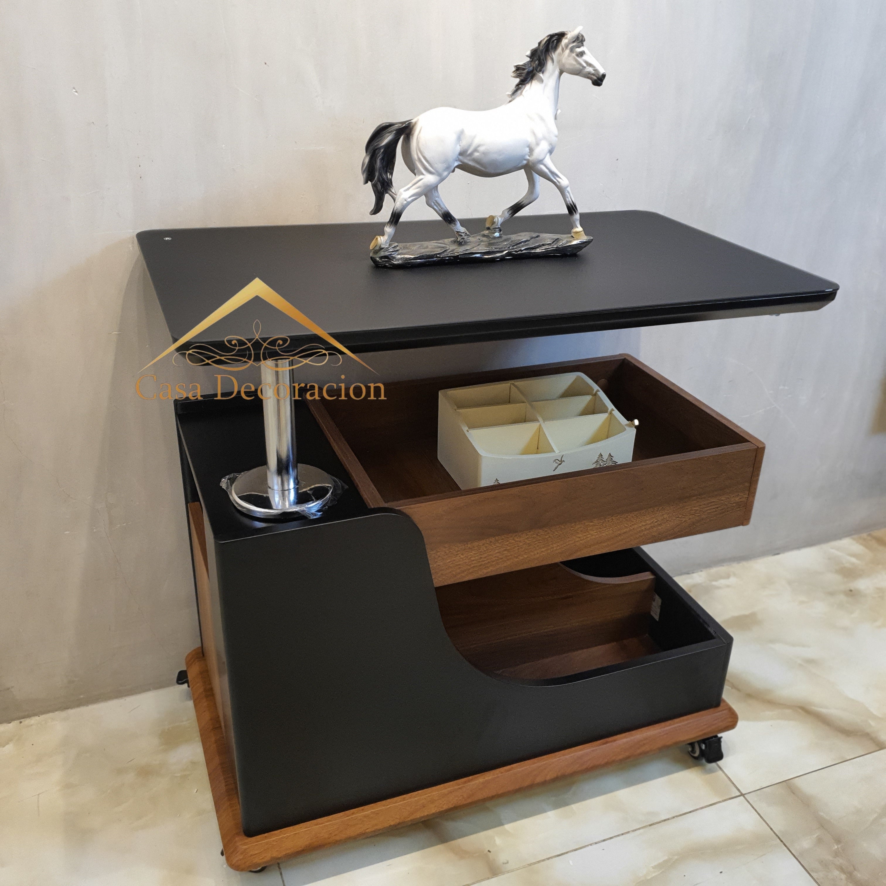 Black Multifunctional Side Table with Storage and Wheels