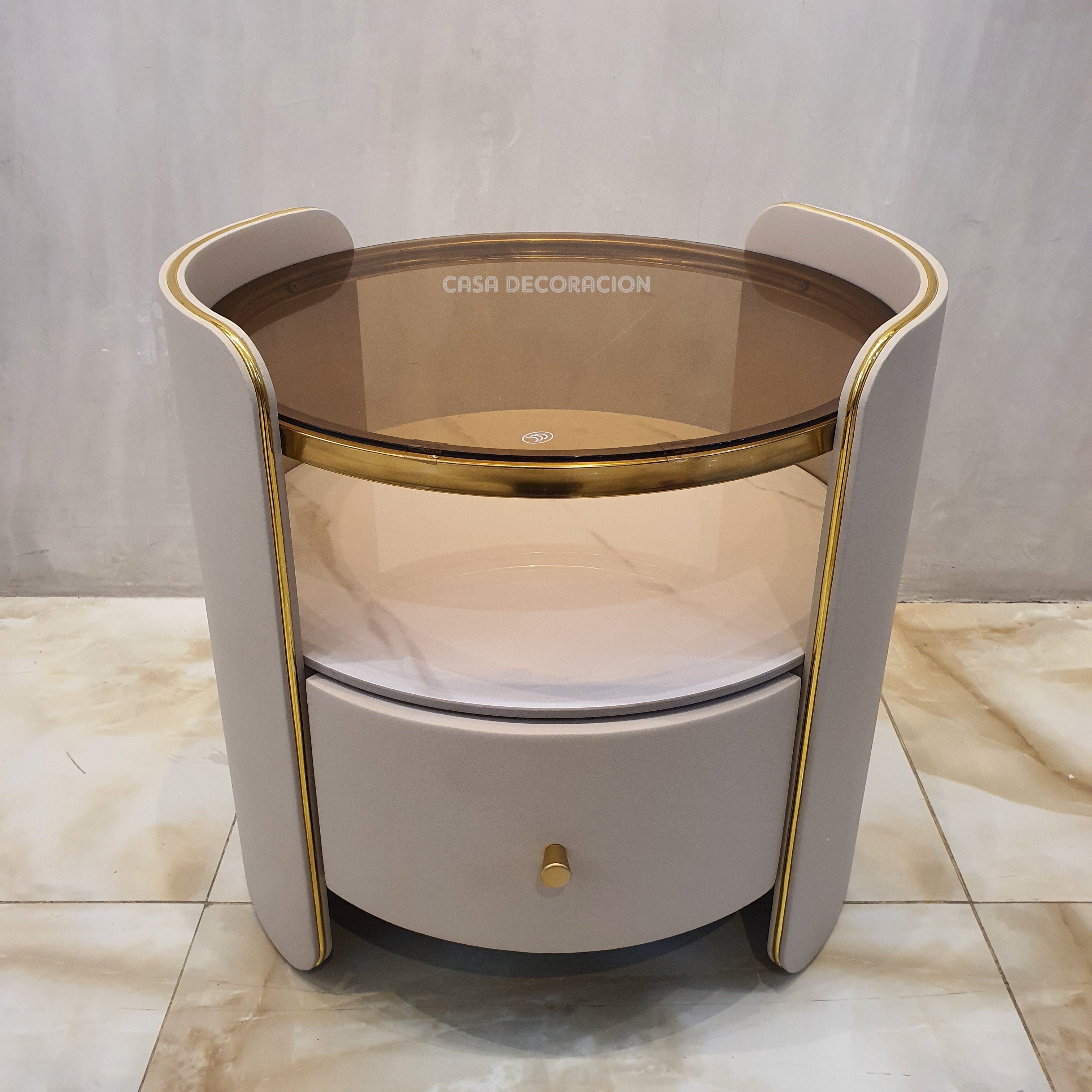 Round Nightstand Tempered Glass Top Gray