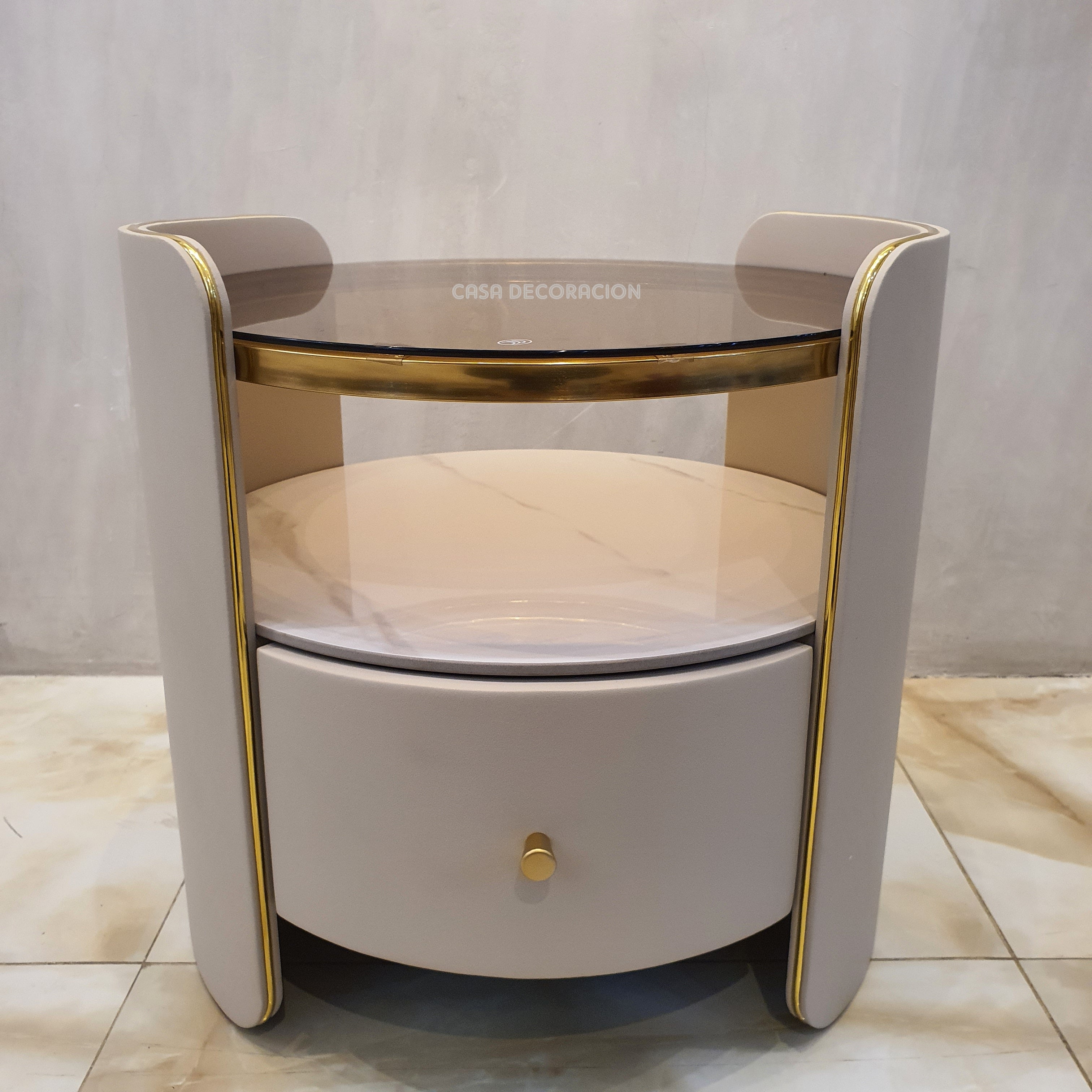 Round Nightstand Tempered Glass Top Gray
