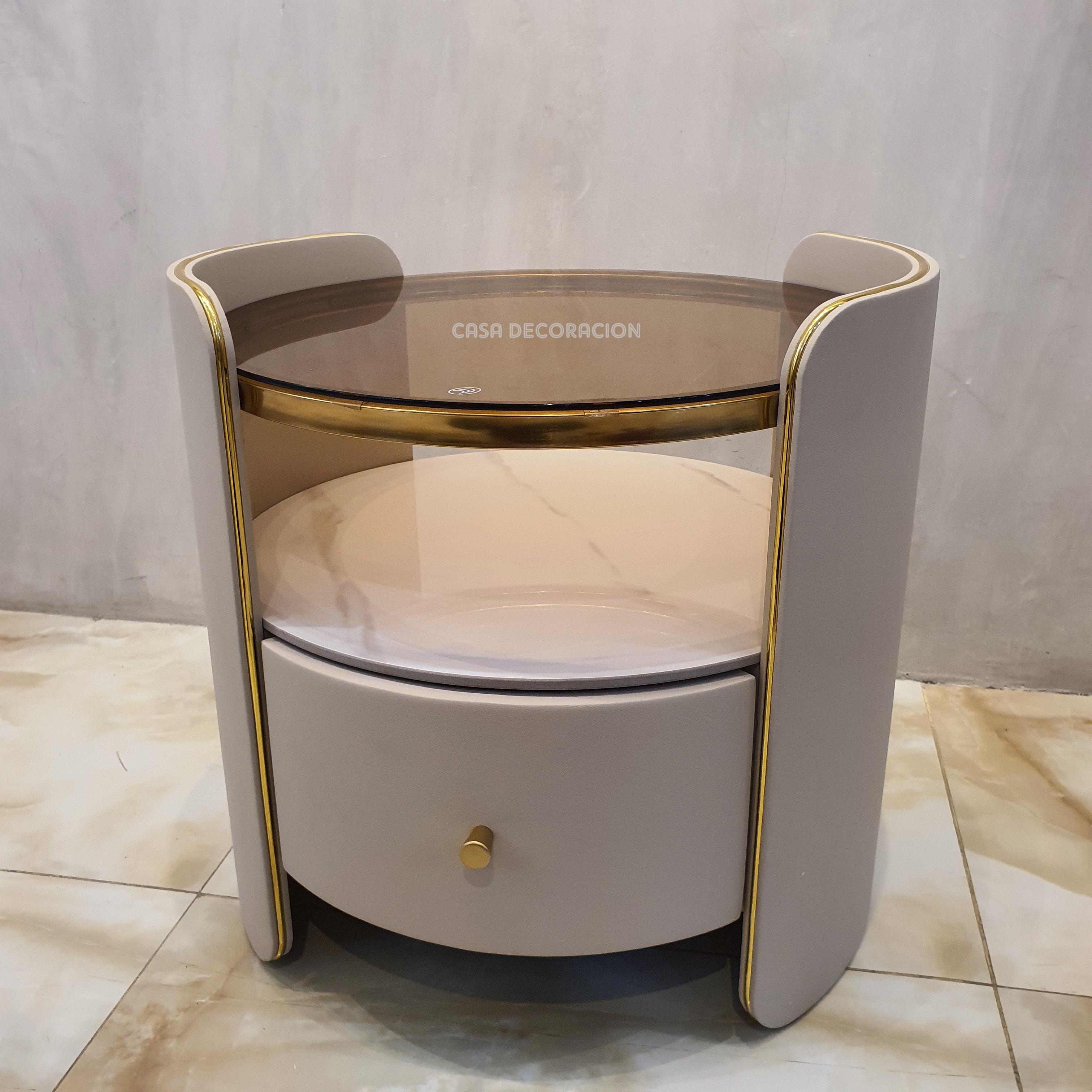 Round Nightstand Tempered Glass Top Gray