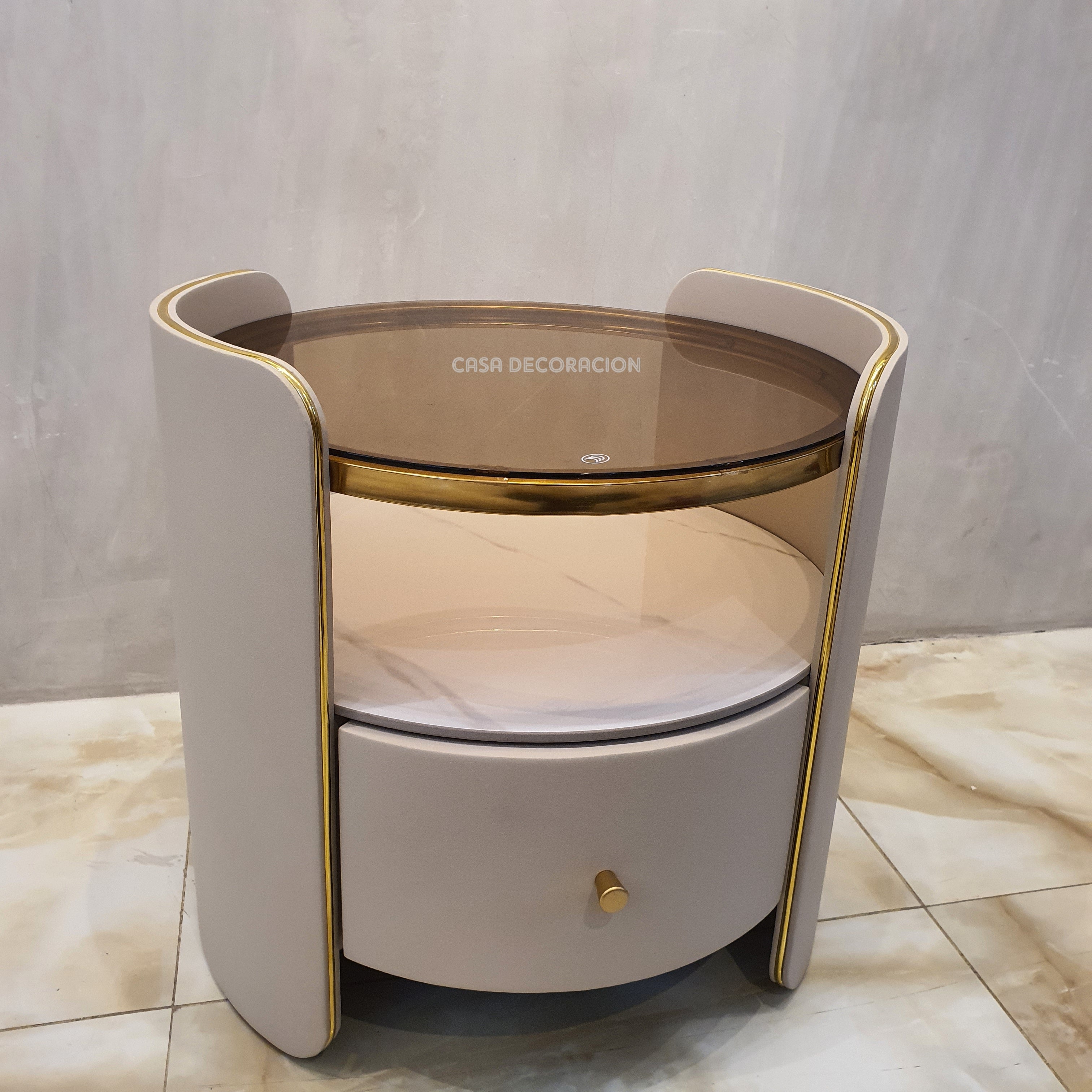 Round Nightstand Tempered Glass Top Gray