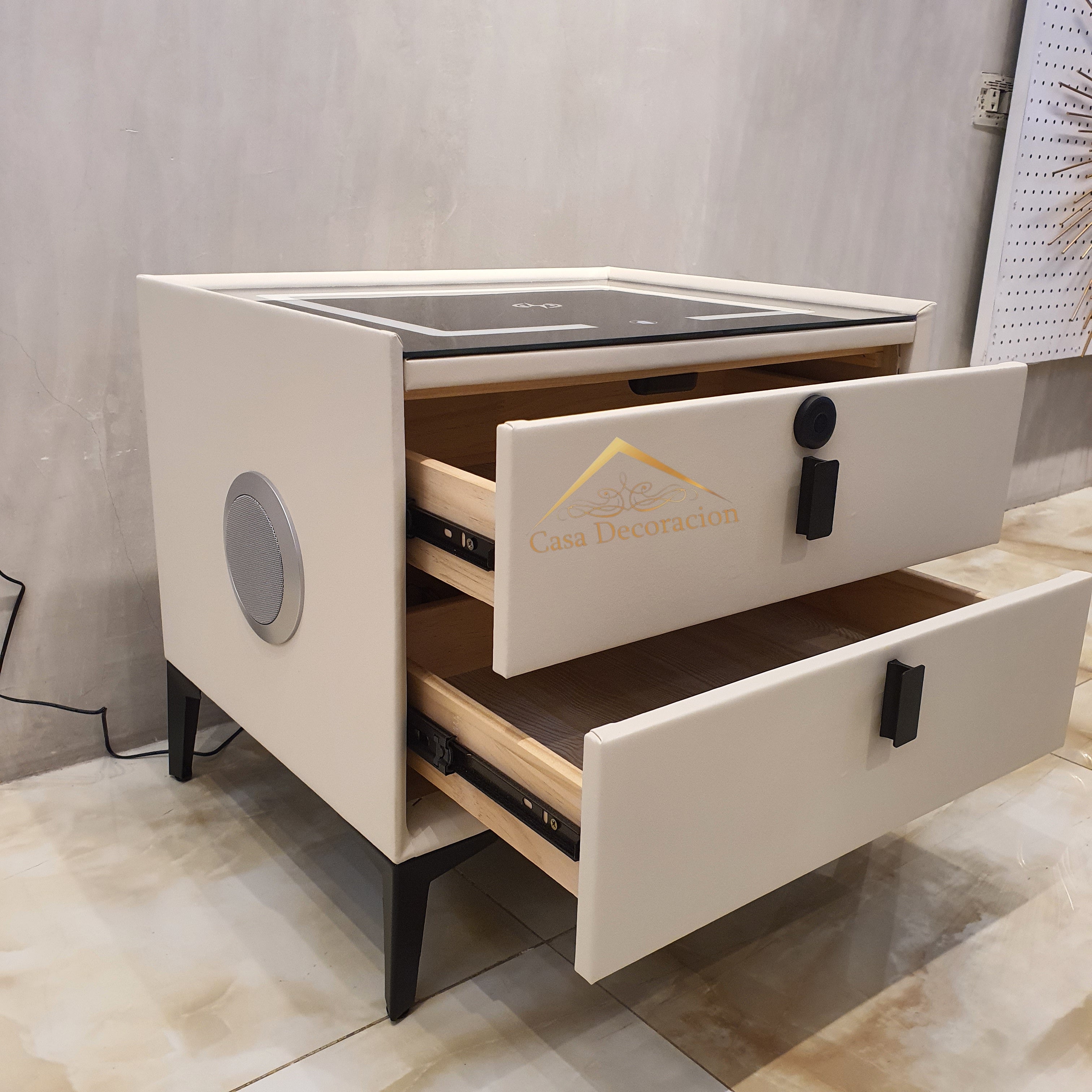 Smart Bedside Table 2 Drawers with Bluetooth Speaker White