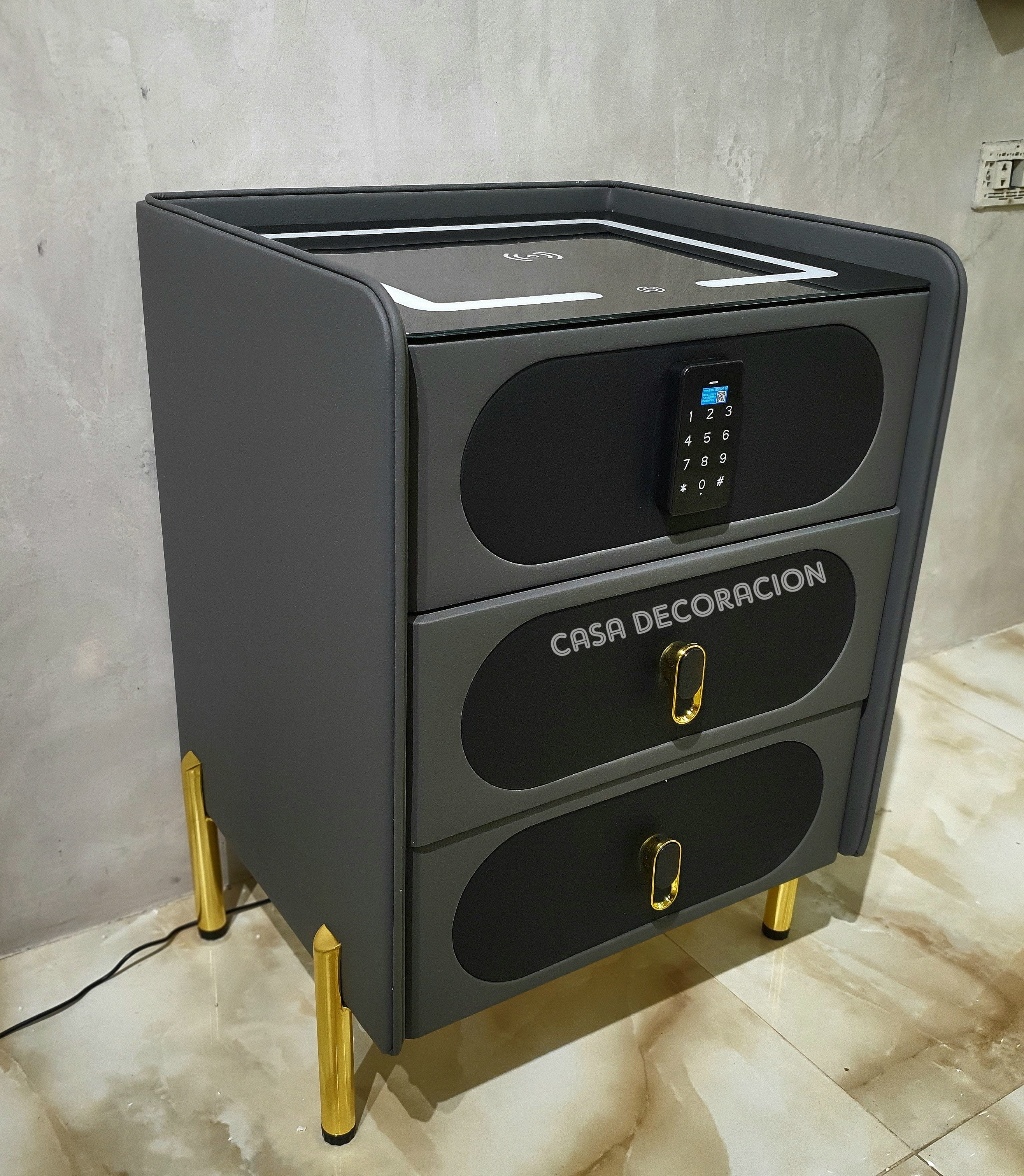 Smart Bedside Table 3 Drawers with Led Light and Wireless Charging Black