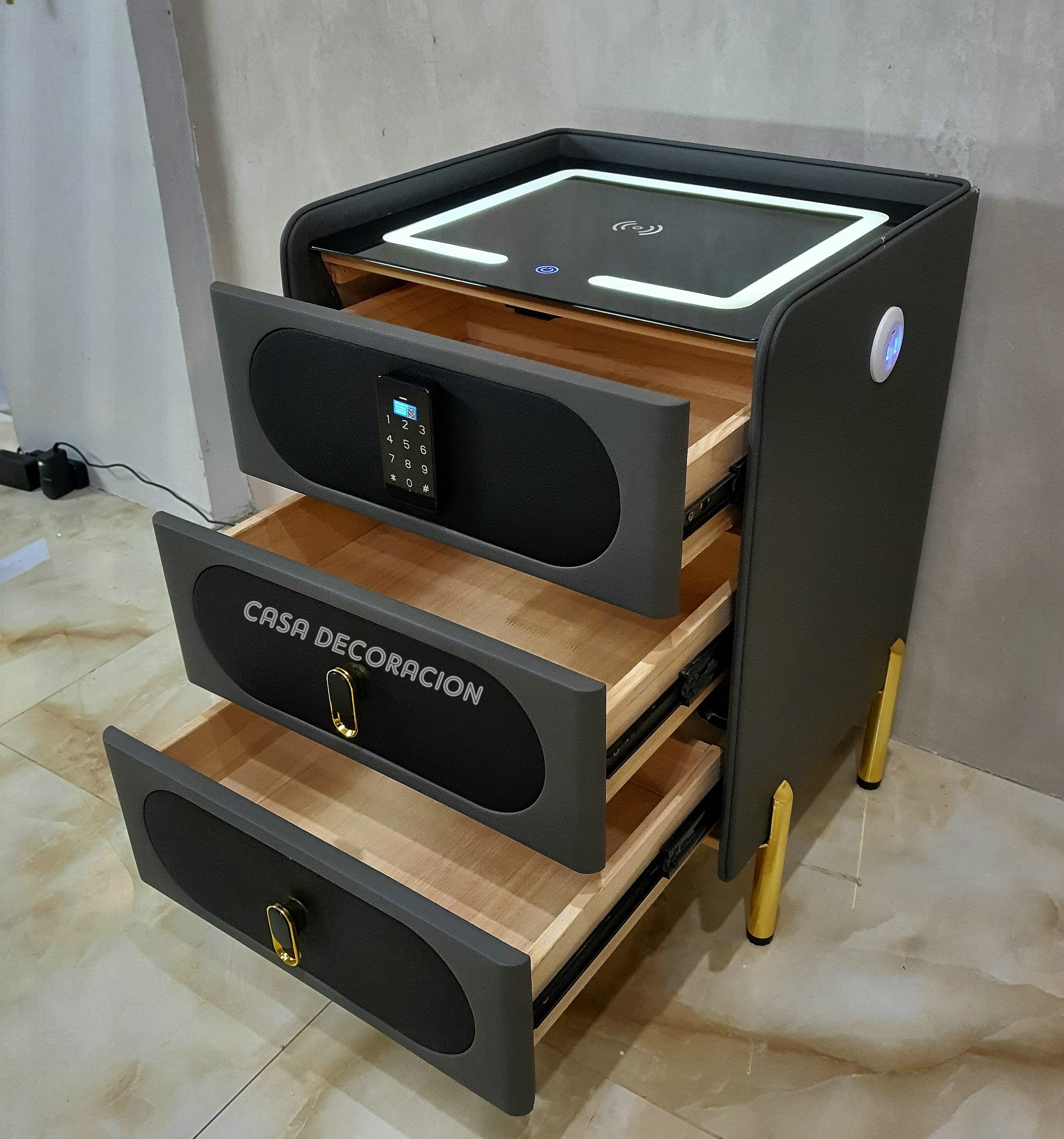 Smart Bedside Table 3 Drawers with Led Light and Wireless Charging Black