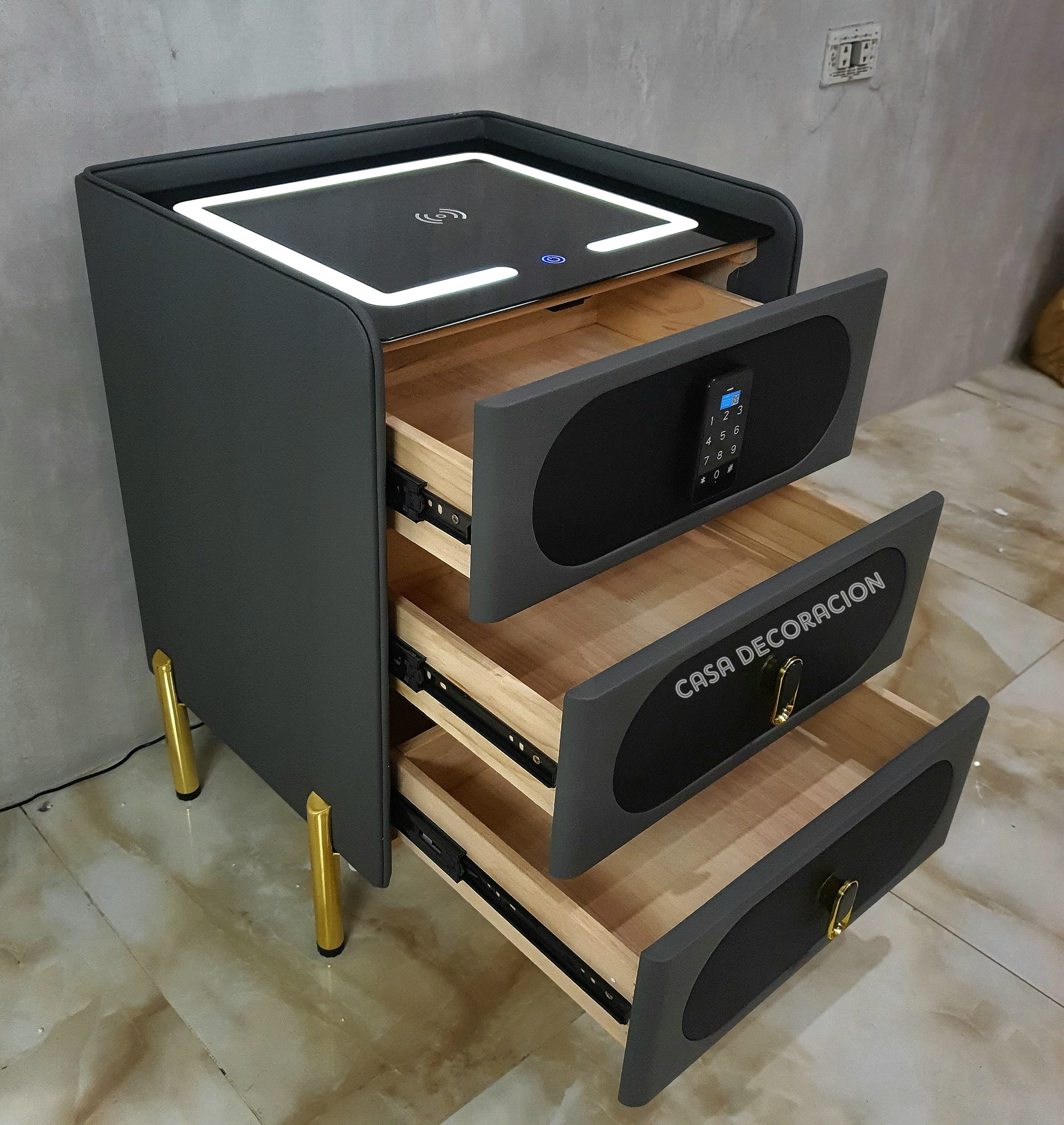 Smart Bedside Table 3 Drawers with Led Light and Wireless Charging Black