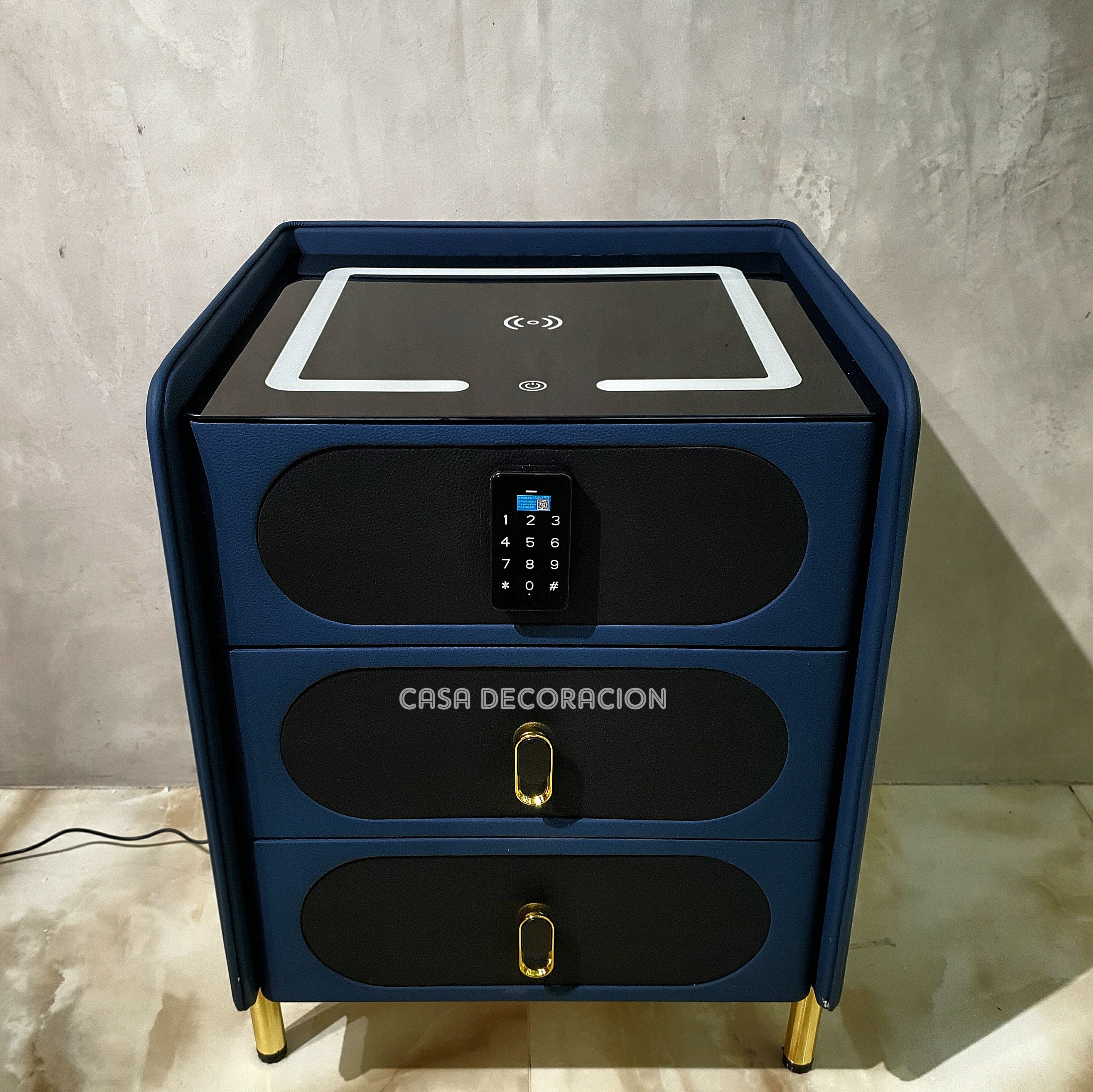 Smart Bedside Table 3 Drawers with Led Light and Wireless Charging Blue