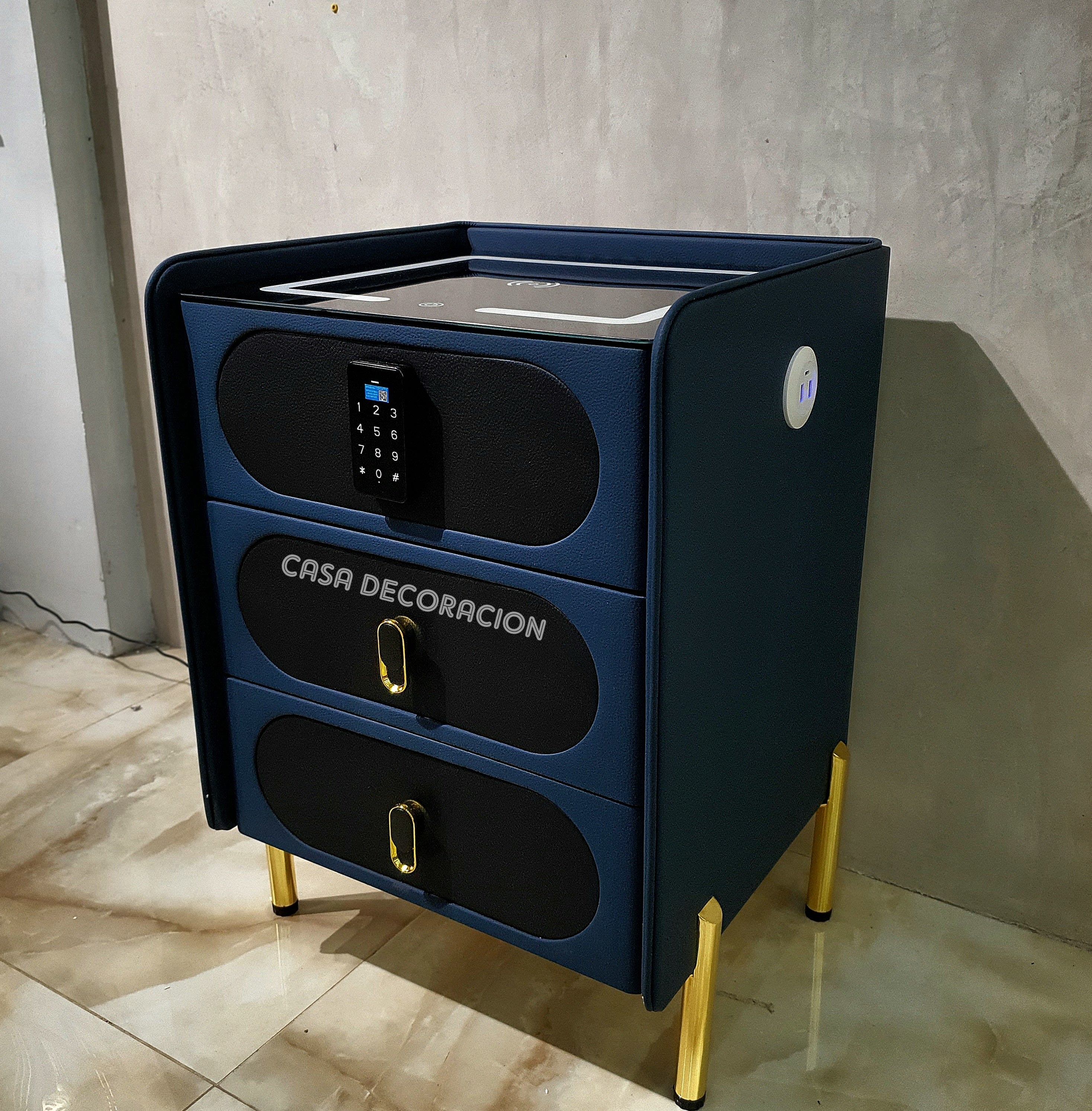 Smart Bedside Table 3 Drawers with Led Light and Wireless Charging Blue