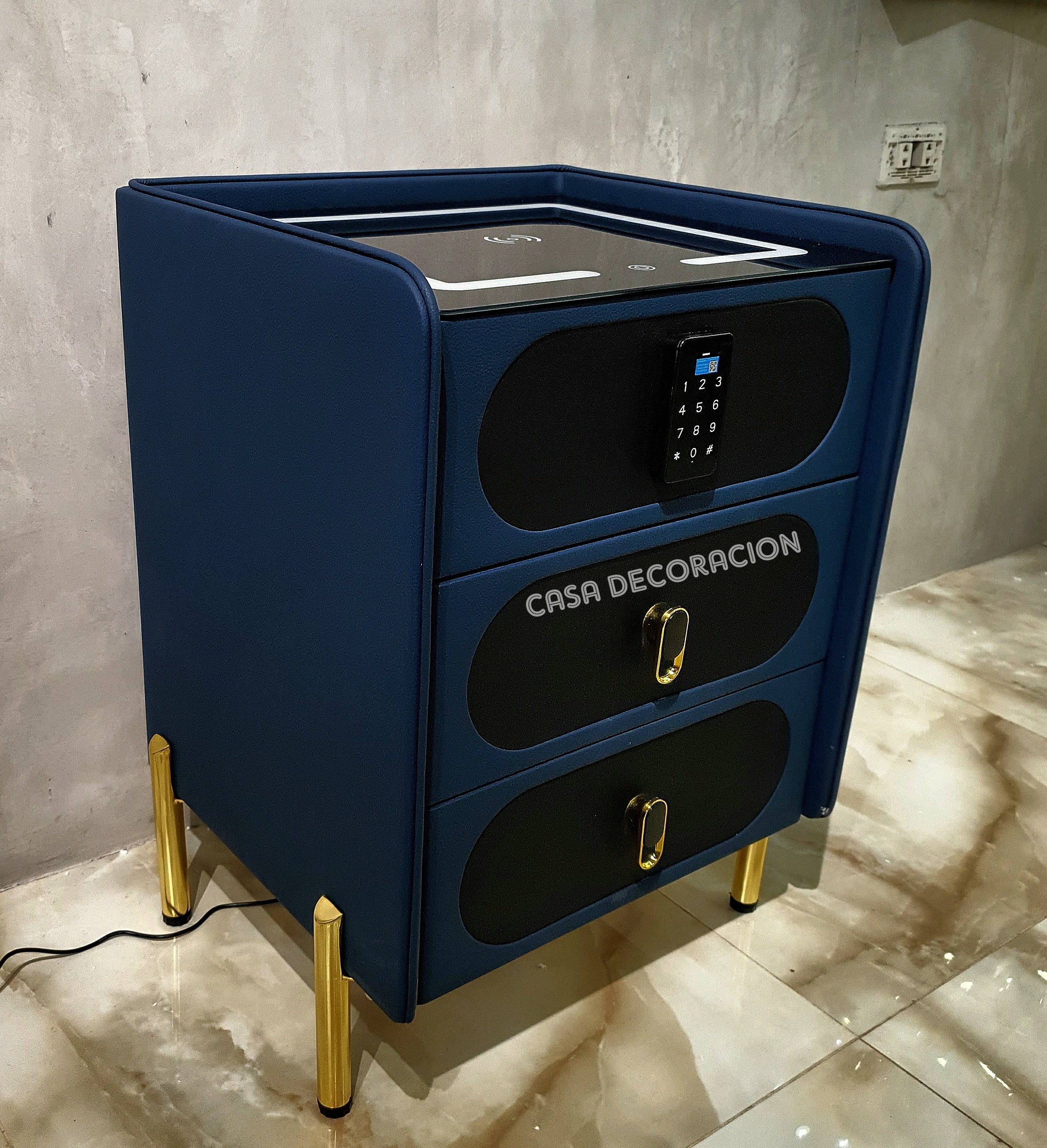 Smart Bedside Table 3 Drawers with Led Light and Wireless Charging Blue