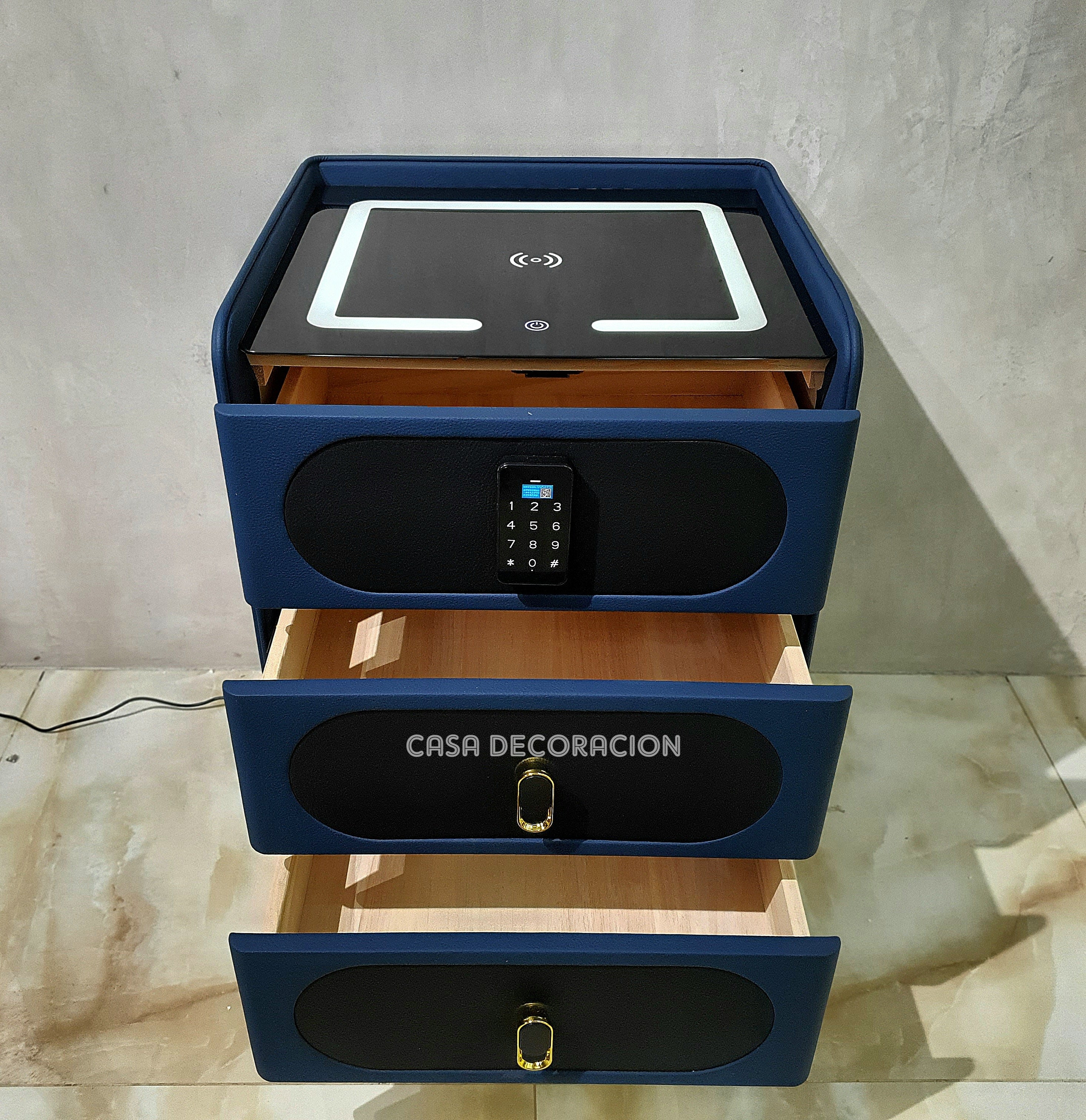 Smart Bedside Table 3 Drawers with Led Light and Wireless Charging Blue