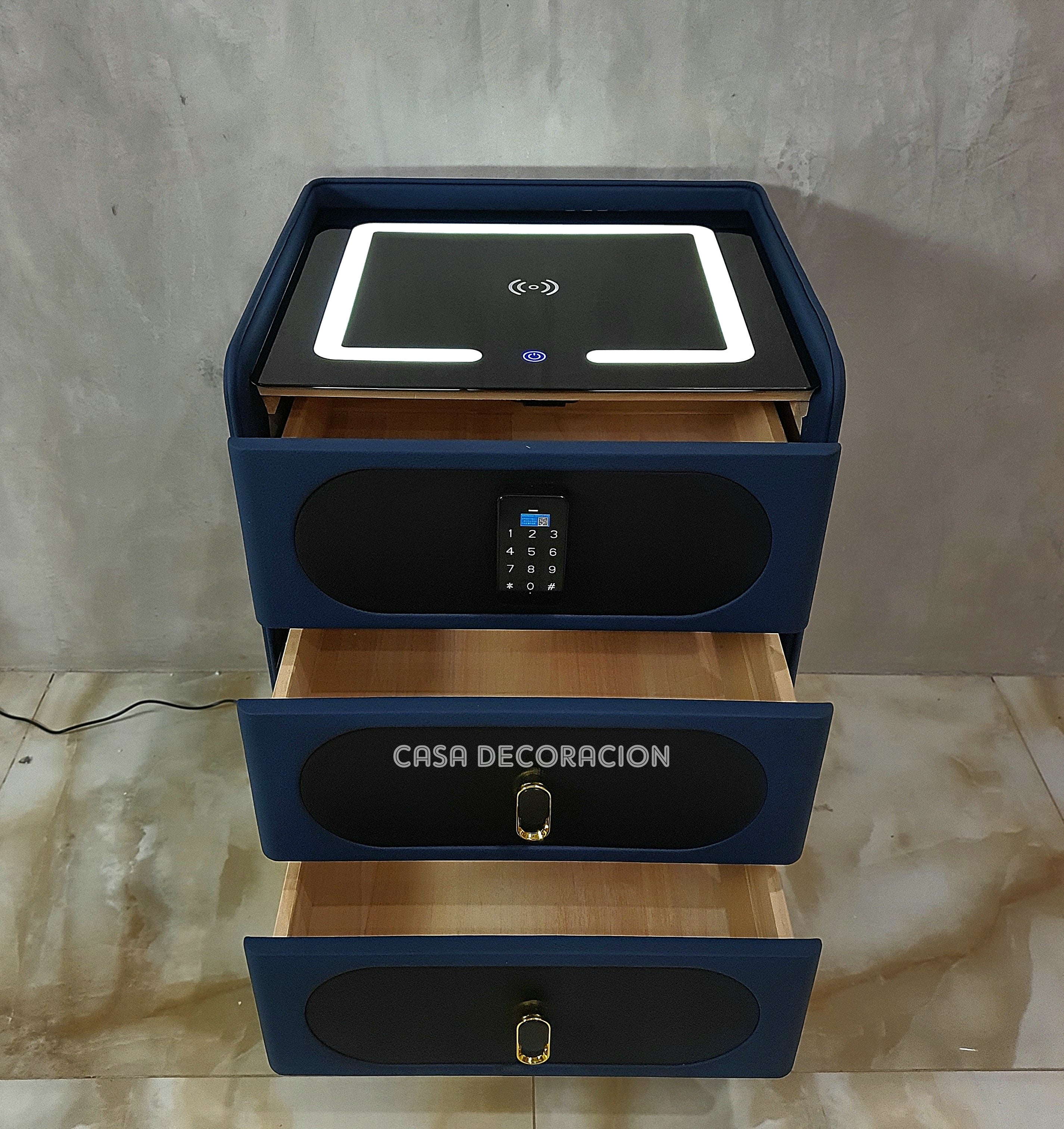 Smart Bedside Table 3 Drawers with Led Light and Wireless Charging Blue