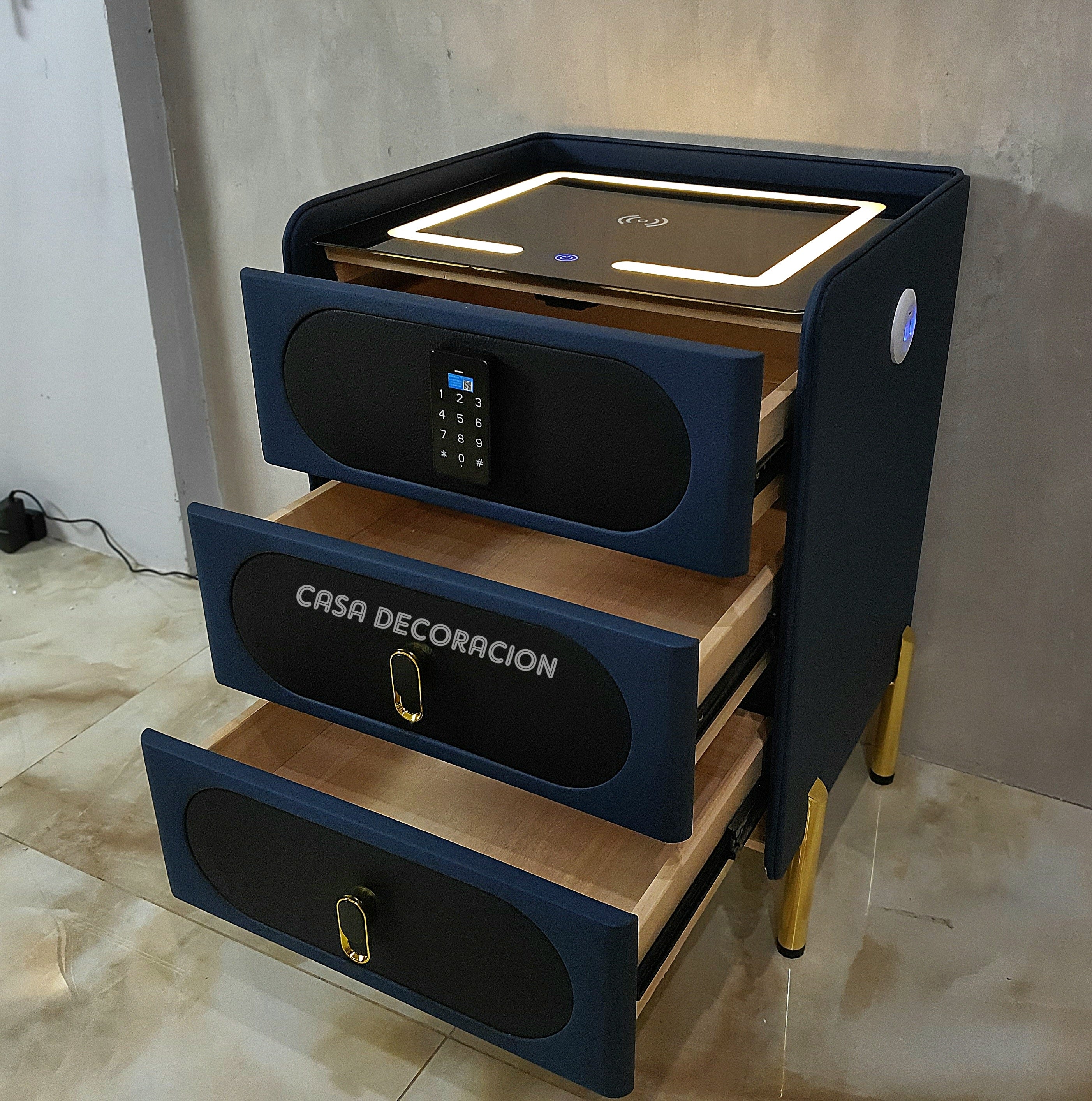 Smart Bedside Table 3 Drawers with Led Light and Wireless Charging Blue