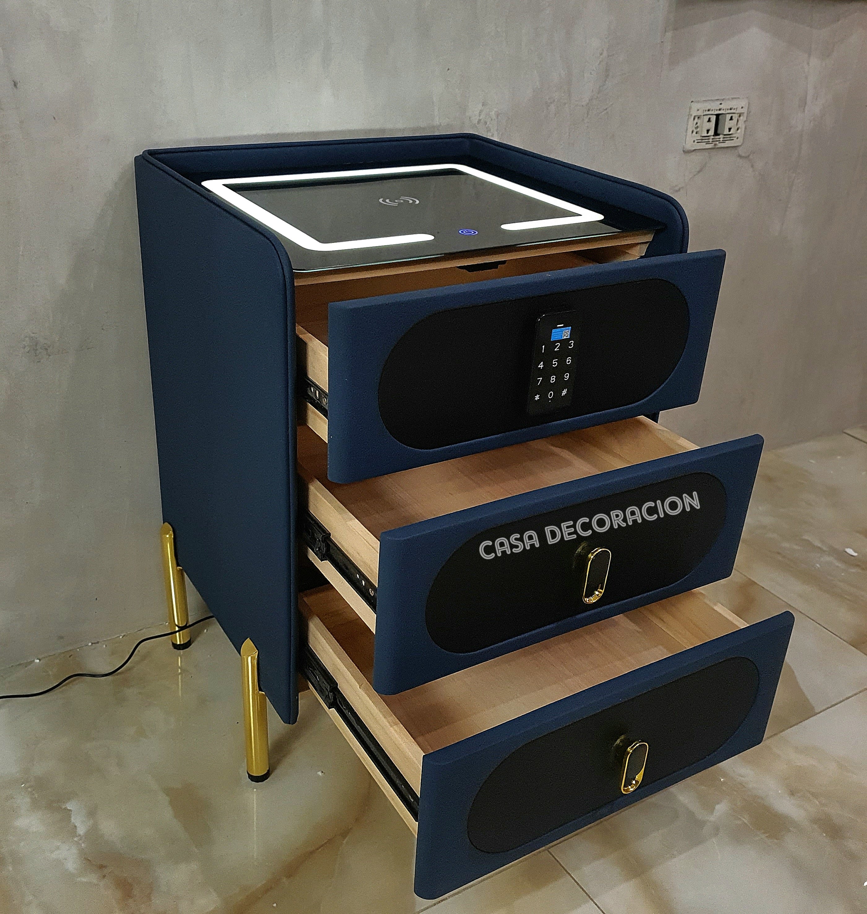 Smart Bedside Table 3 Drawers with Led Light and Wireless Charging Blue