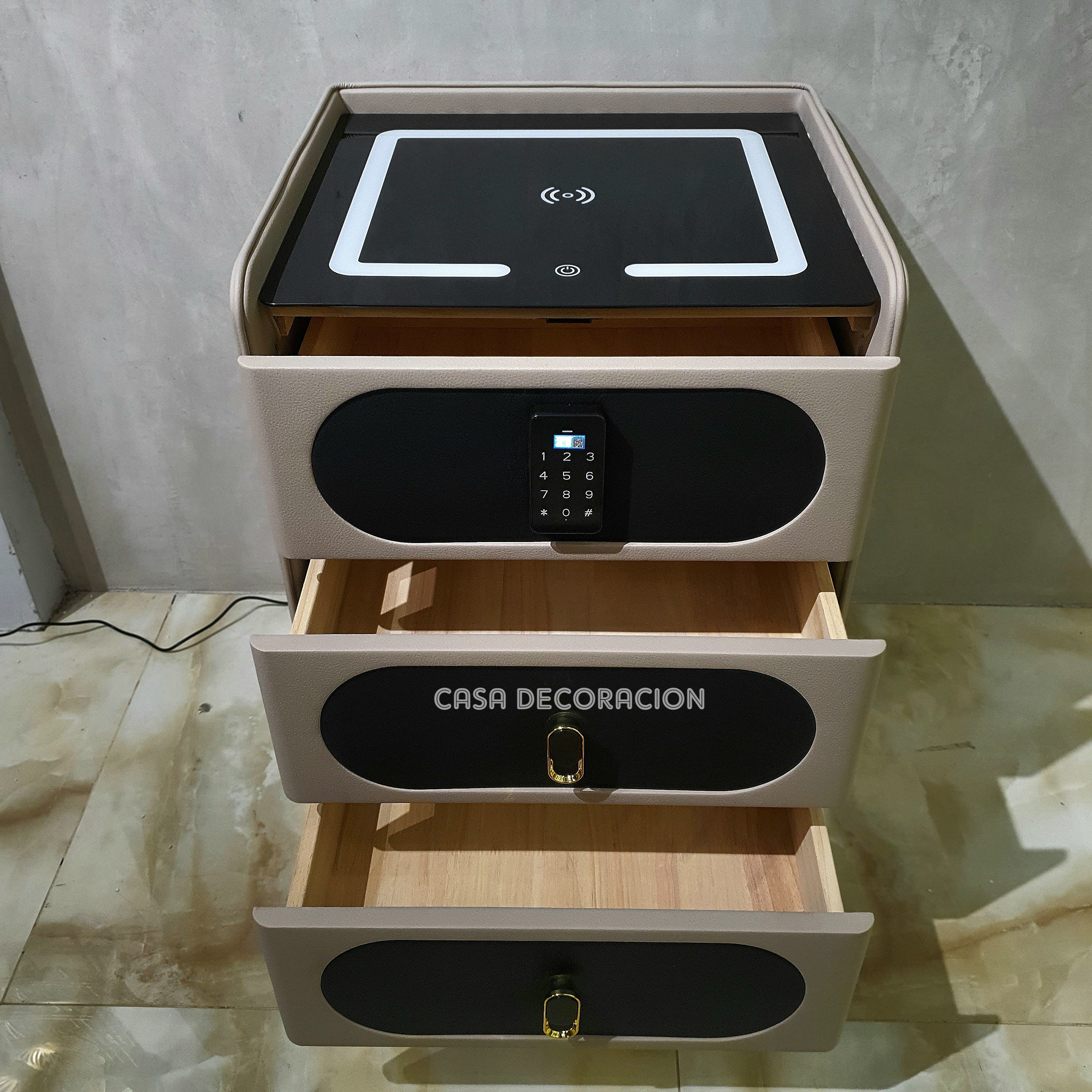 Smart Bedside Table 3 Drawers with Led Light and Wireless Charging Brown