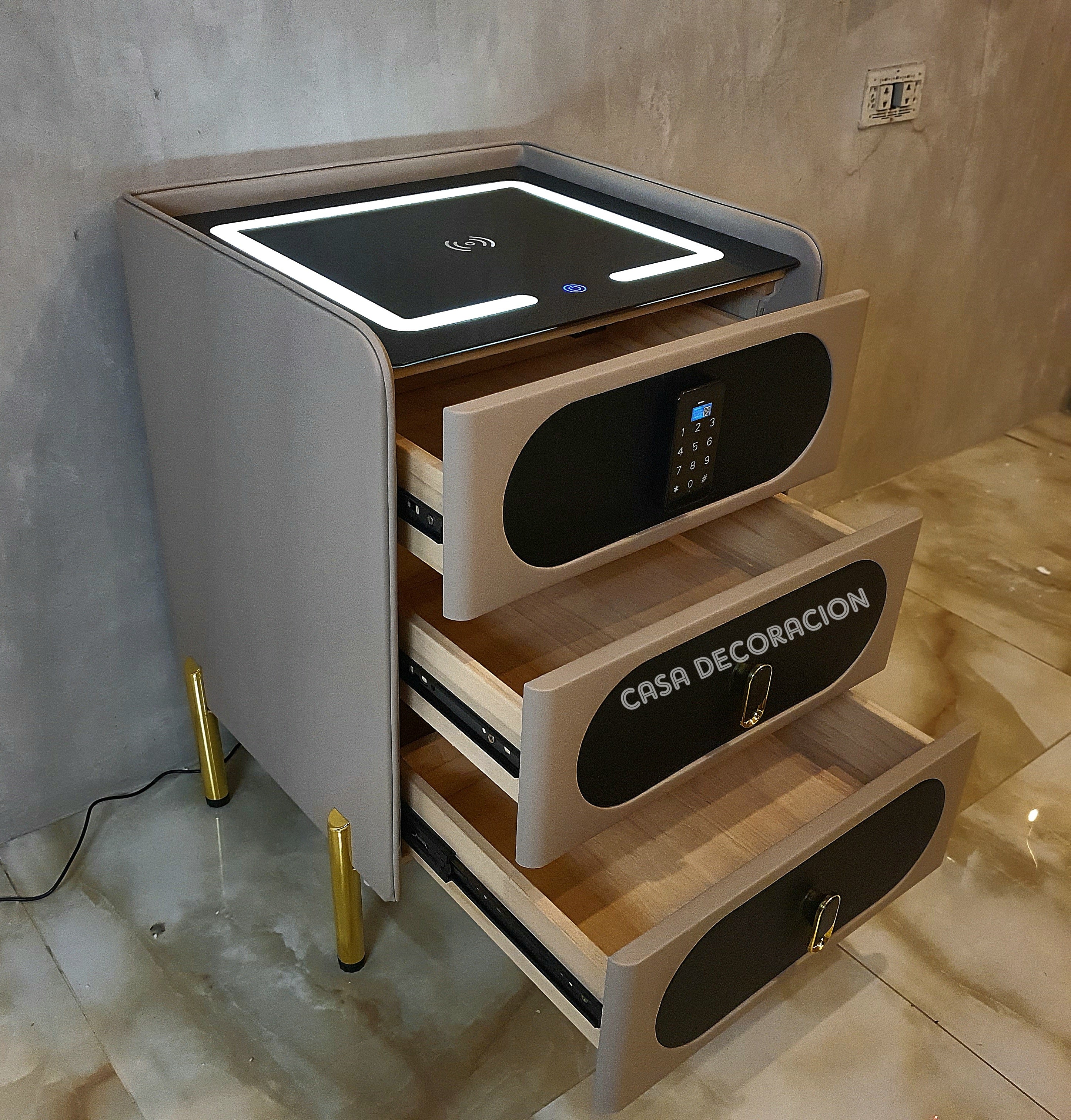 Smart Bedside Table 3 Drawers with Led Light and Wireless Charging Brown