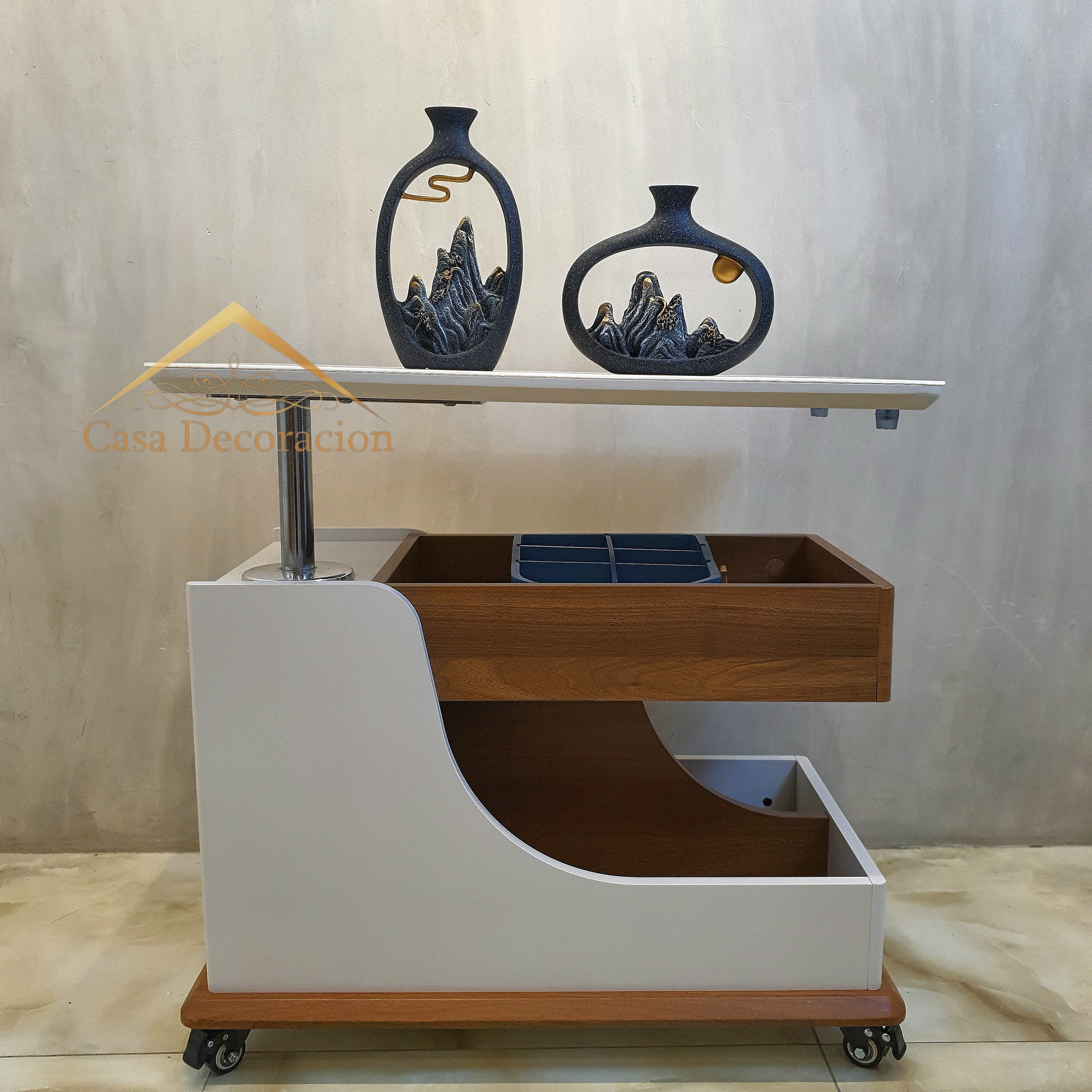 White Multifunctional Side Table with Storage and Wheels