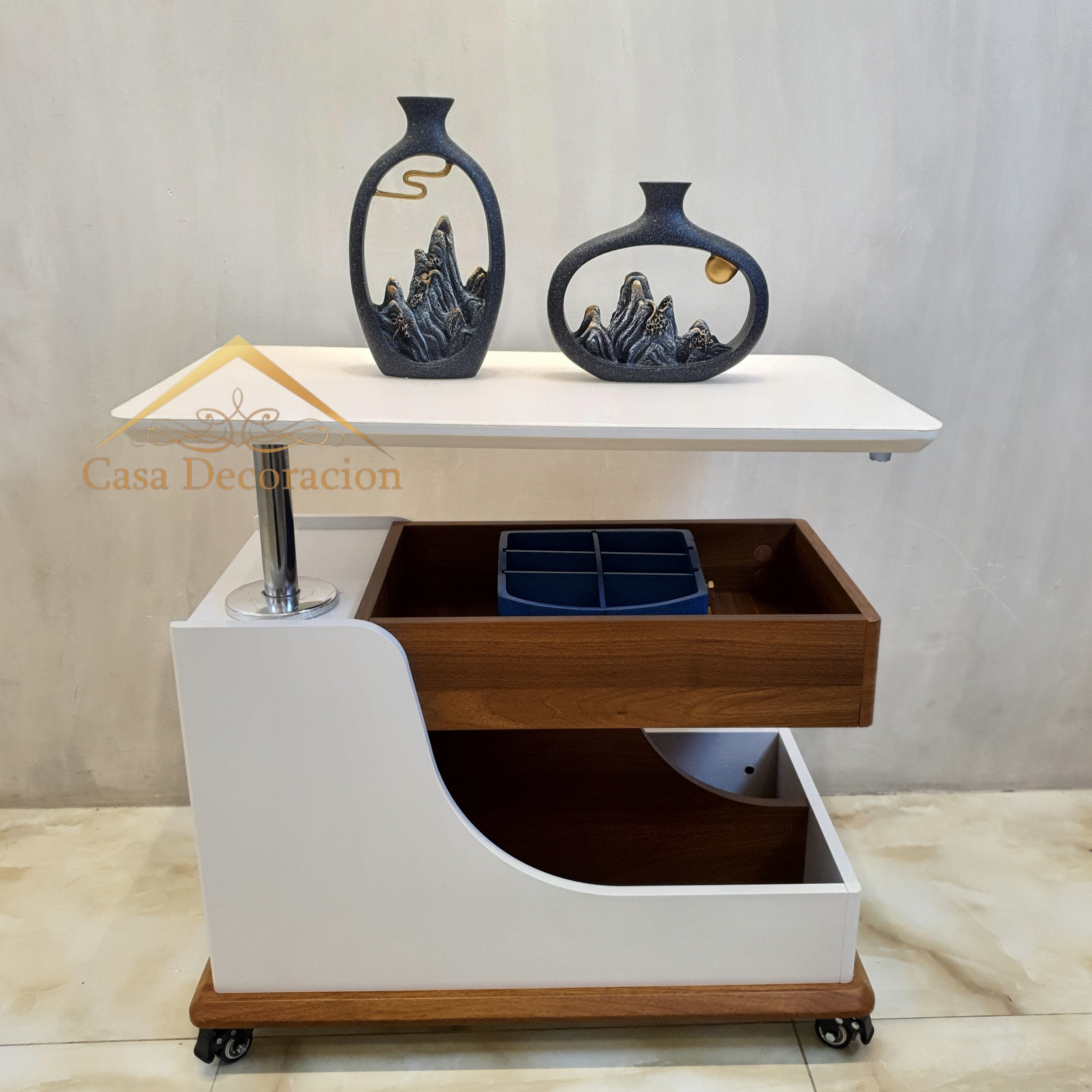 White Multifunctional Side Table with Storage and Wheels