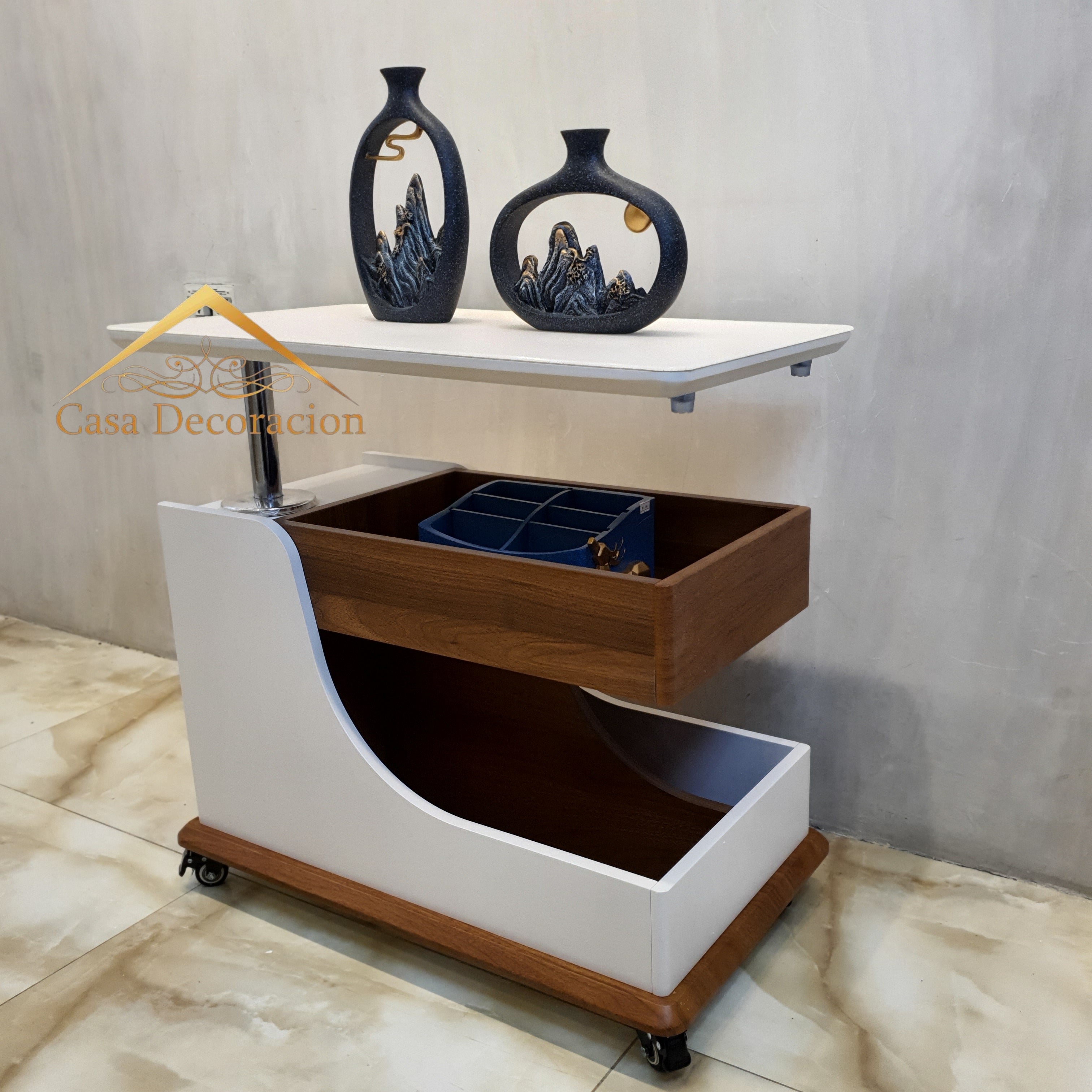 White Multifunctional Side Table with Storage and Wheels
