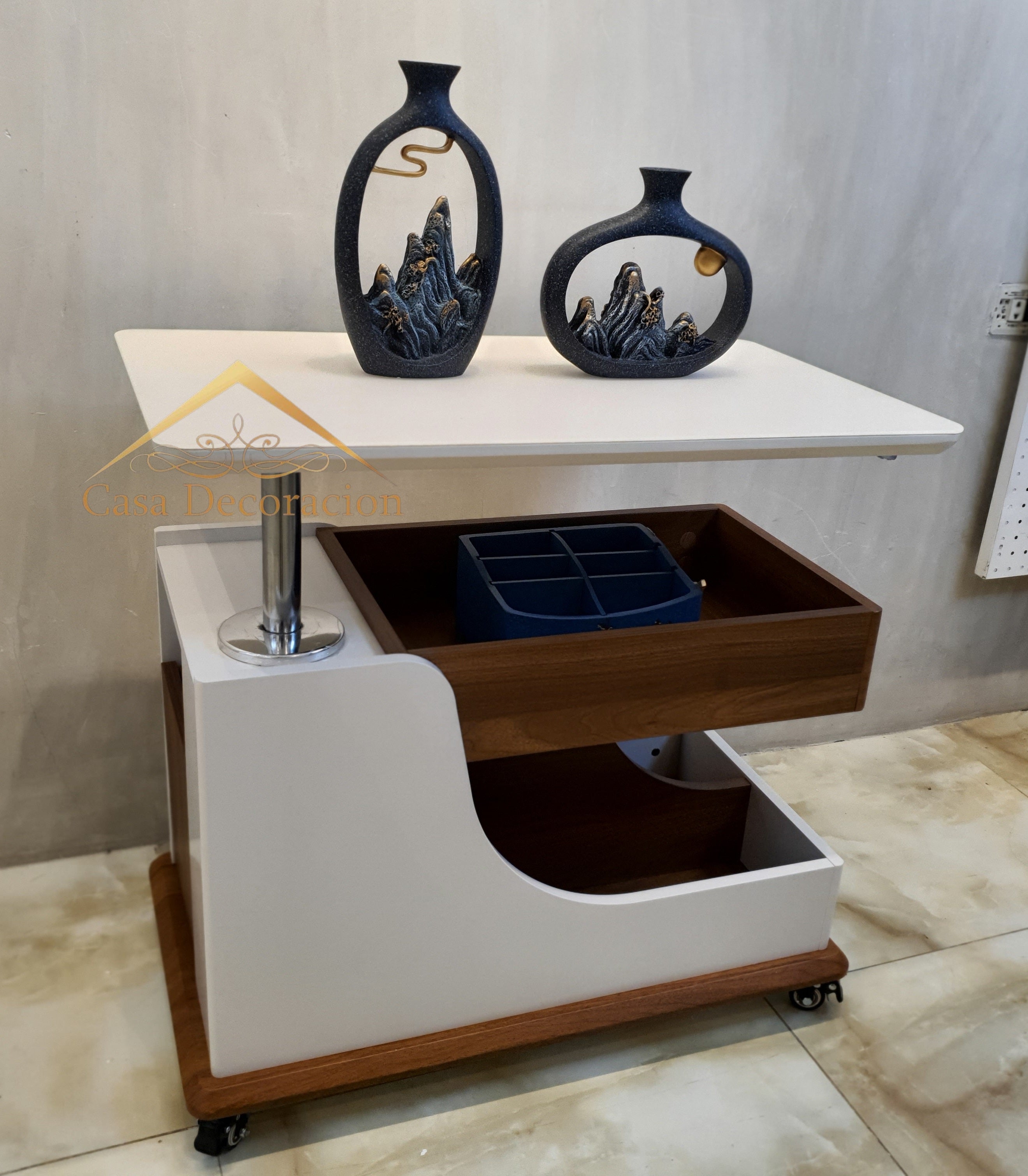 White Multifunctional Side Table with Storage and Wheels